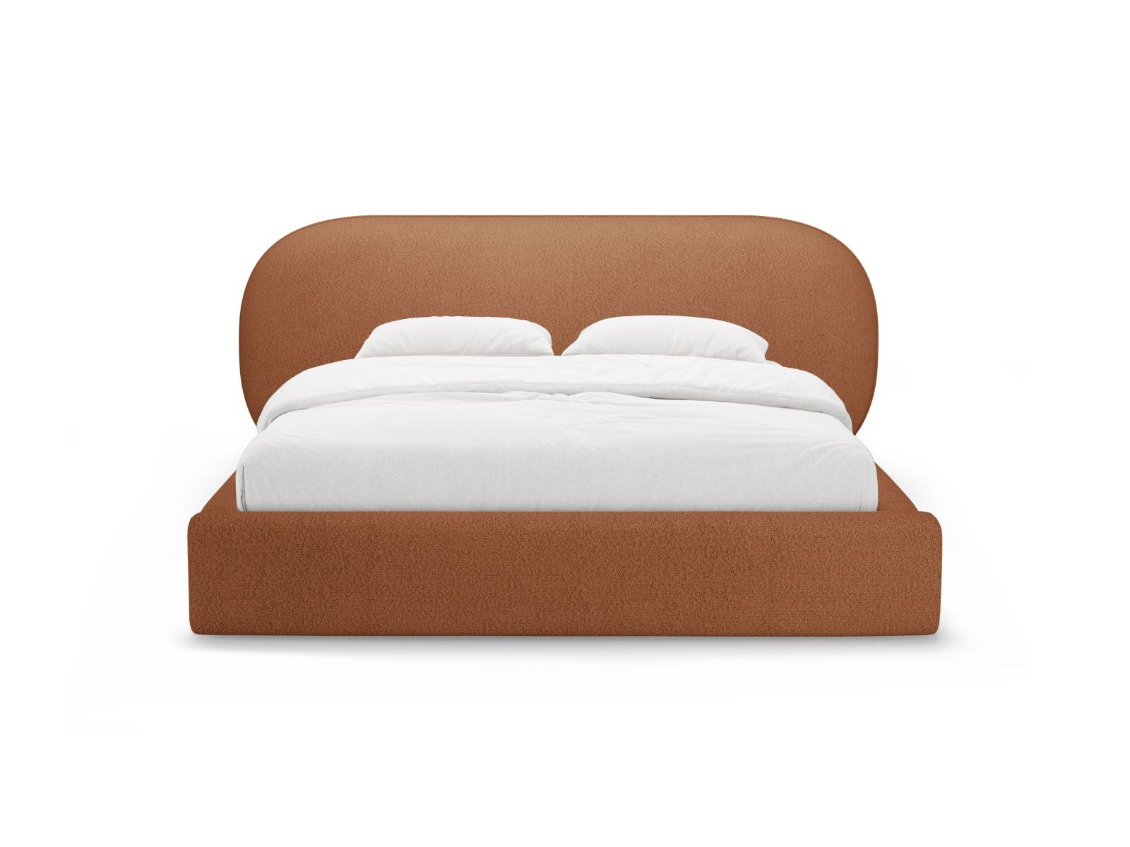 Elegantes Ovalo Bett in Terracotta mit praktischem Stauraum und stilvollem Kopfteil, ideal für moderne Schlafzimmer.