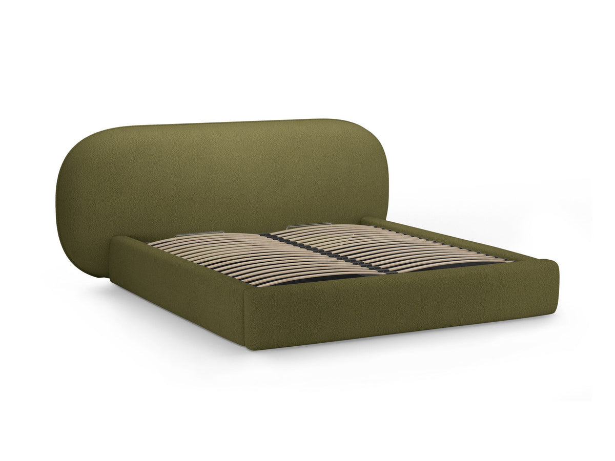 Stauraumbett Ovalo von Micadoni in Light Grey-Magic Velvet mit gepolstertem Kopfteil, Metallrahmen, Bettkasten und schwarzen Kunststoffbeinen.