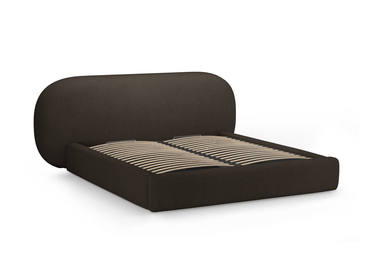 Stauraumbett Ovalo von Micadoni in Light Grey-Magic Velvet mit gepolstertem Kopfteil, Metallrahmen, Bettkasten und schwarzen Kunststoffbeinen.