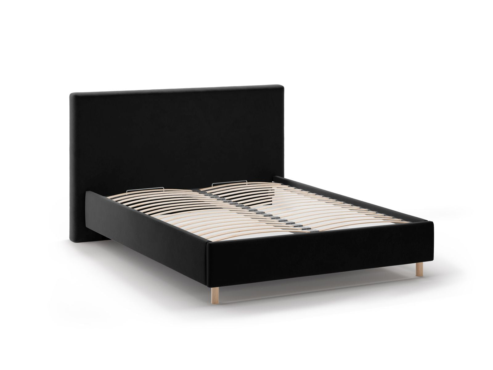 Elegantes Eloise Bett in luxuriösem Black-Magic Velvet, bietet cleveren Stauraum und ein geschmackvolles Kopfteil für moderne Schlafzimmer.