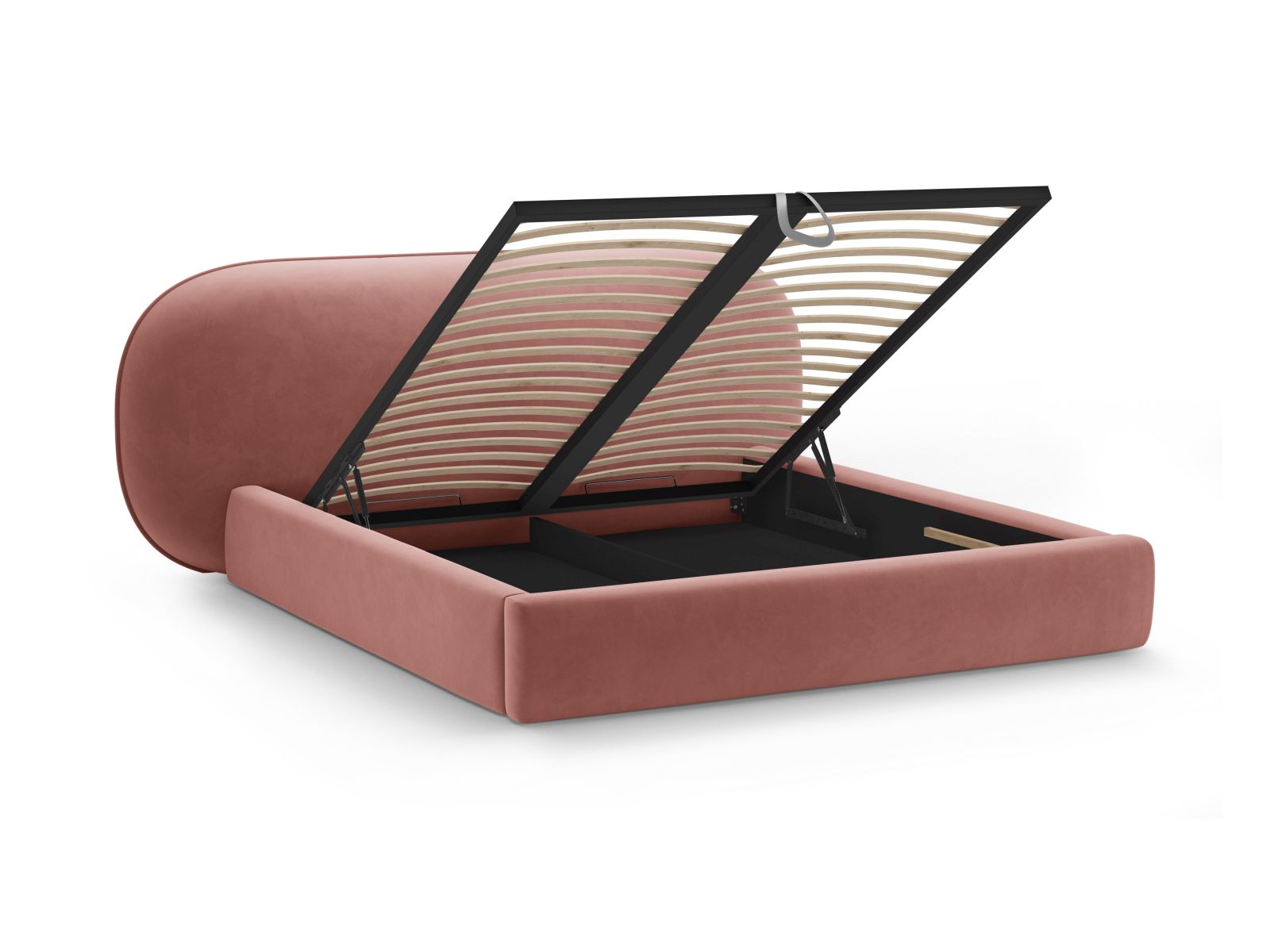 Elegantes Ovalo Bett in Pink-Magic Velvet, bietet cleveren Stauraum und ein geschmackvolles Kopfteil für stilvolle Schlafzimmergestaltung.