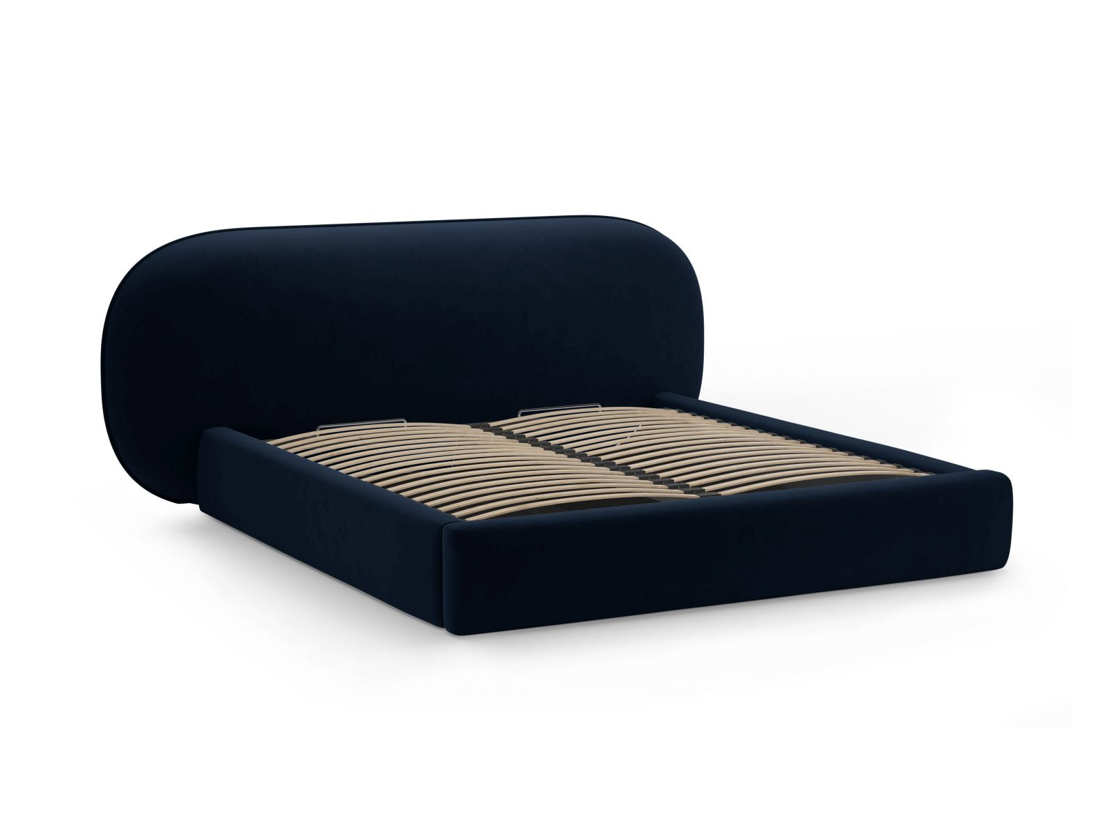 Modernes Ovalo Bett in Royal Blue-Magic Velvet, ausgestattet mit praktischem Stauraum und einem ansprechenden Kopfteil für stilvolle Schlafzimmer.