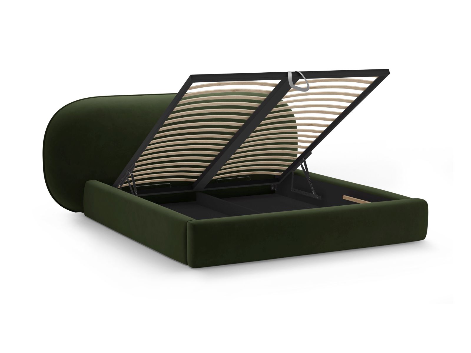 Modernes Ovalo Bett in Army Green-Magic Velvet, bietet cleveren Stauraum und ein geschmackvolles Kopfteil für ein elegantes Schlafzimmer.