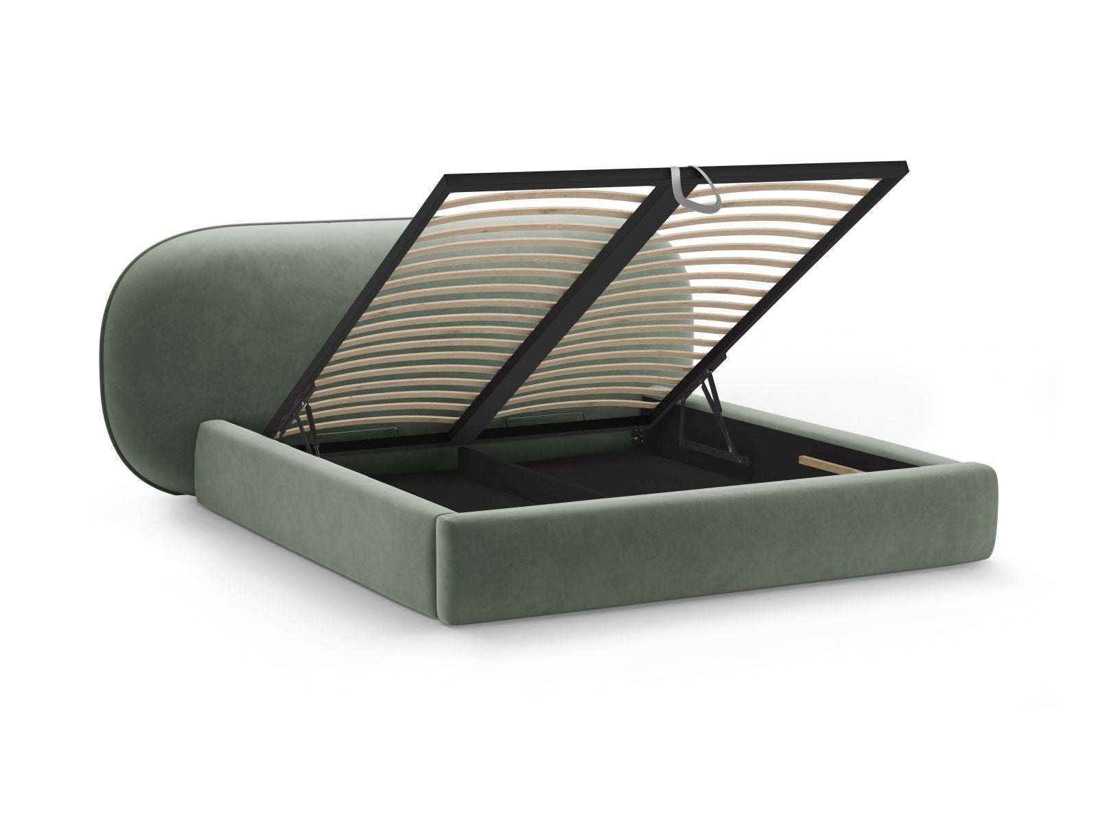Elegantes Ovalo Bett mit 160 cm Breite, ausgestattet mit praktischem Stauraum und stilvollem Kopfteil in luxuriösem Green-Magic Velvet.
