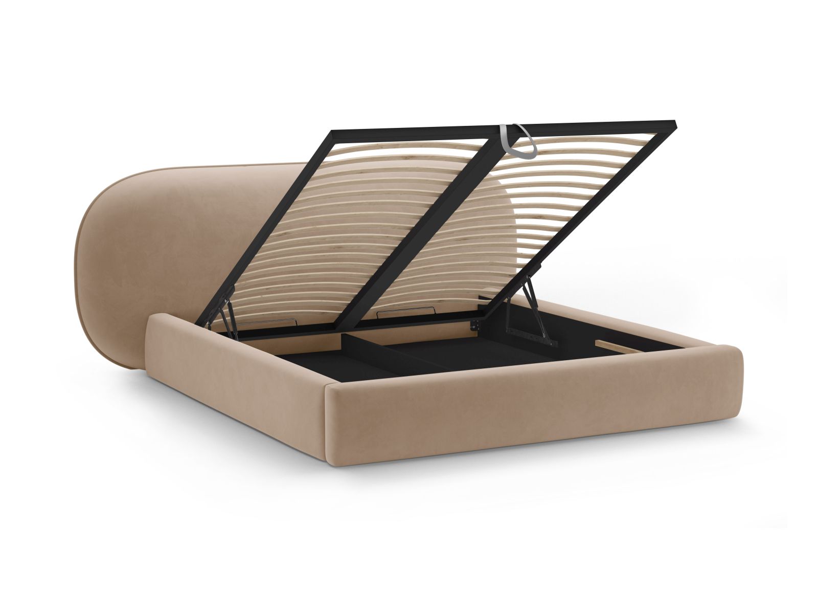 Elegantes Ovalo Bett in zartem Almond Beige, gefertigt aus Magic Velvet, bietet stilvollen Stauraum und ein geschmackvolles Kopfteil.