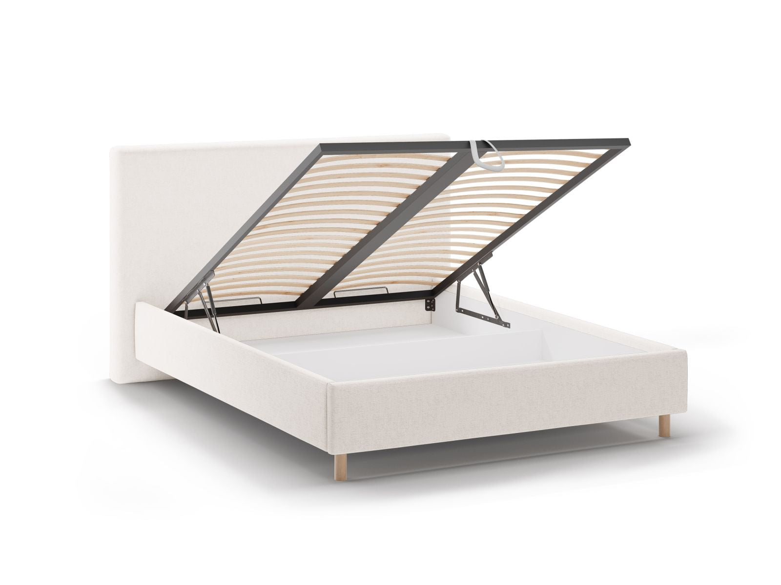 Stilvolles Eloise Bett in sanftem Beige, perfekt für zeitgemäße Schlafzimmer, ausgestattet mit praktischem Stauraum und einem ansprechenden Kopfteil.