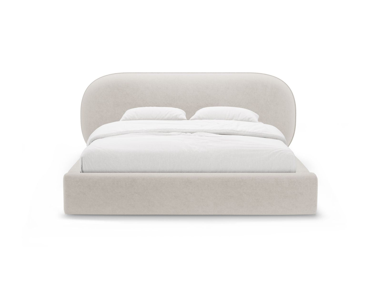 Elegantes Ovalo Bett in Light Beige mit praktischem Stauraum und stilvollem Kopfteil, ideal für moderne Schlafzimmer.