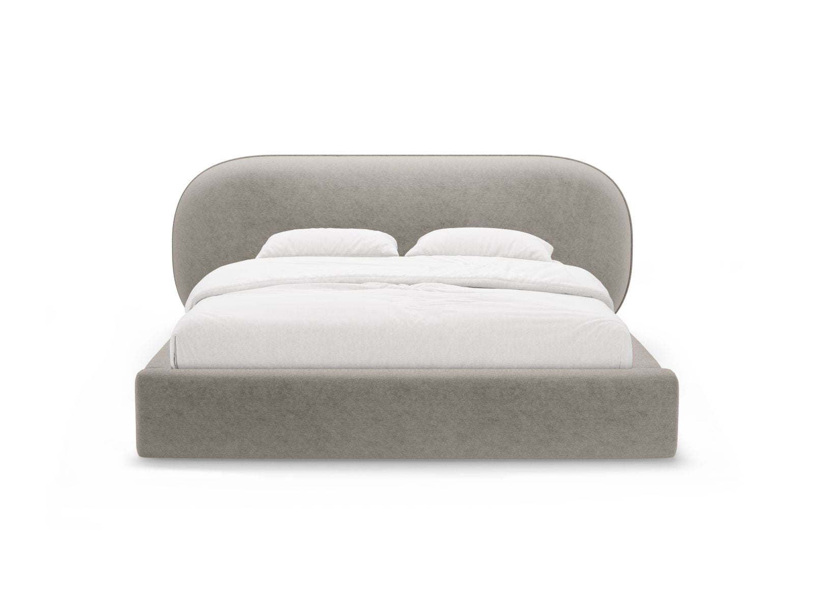 Elegantes Ovalo Bett mit 160 cm Breite, ausgestattet mit praktischem Stauraum und stilvollem Kopfteil in Beige, ideal für jedes Schlafzimmer.
