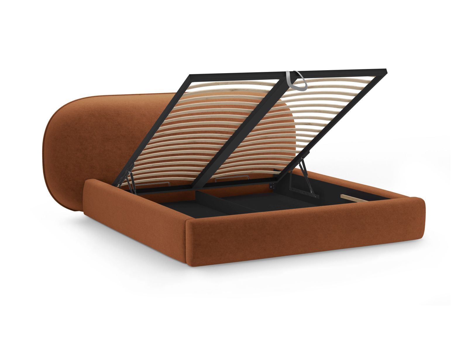 Elegantes Ovalo Bett in sanftem Terracotta, ausgestattet mit praktischem Stauraum und einem geschmackvollen Kopfteil für ein gemütliches Ambiente.