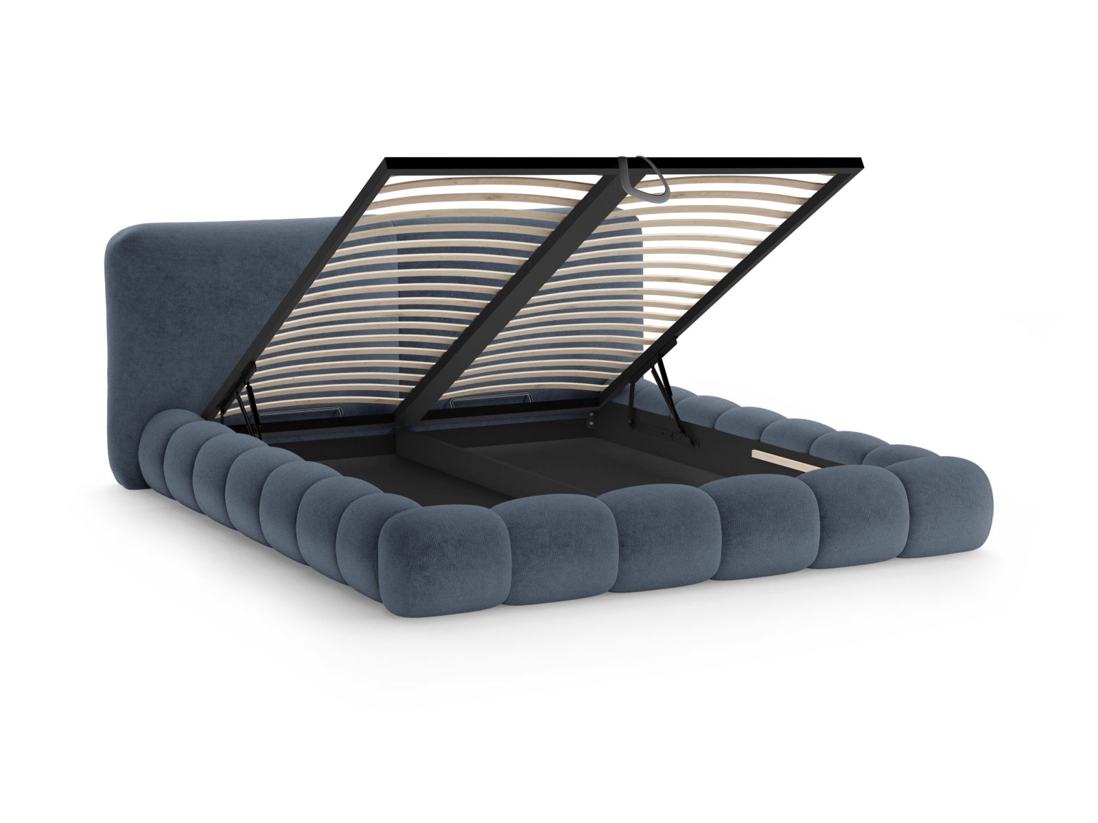 Stilvolles Solange Bett in edlem Blau, 160 cm, mit funktionalem Stauraum und ansprechendem Kopfteil für zeitgemäße Schlafzimmergestaltung.