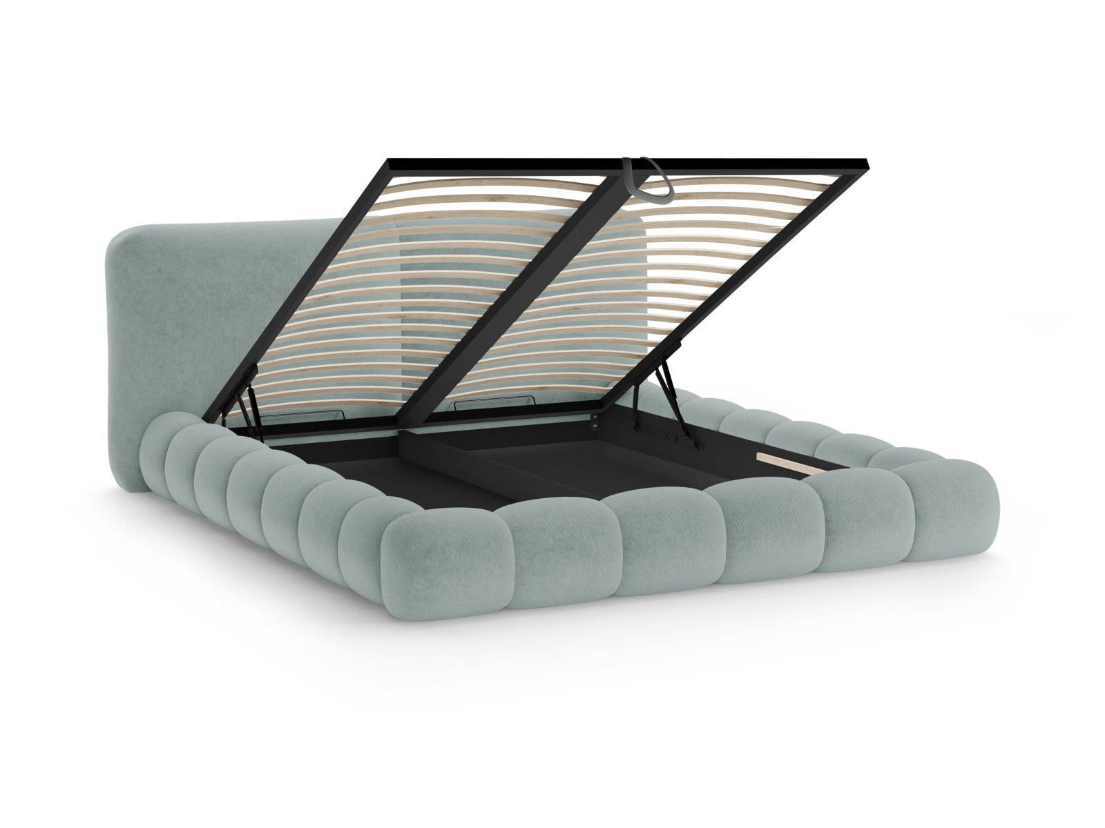 Stylisches Solange Bett in sanftem Hellblau, 160 cm, mit funktionalem Stauraum und geschmackvollem Kopfteil für zeitgemäße Einrichtung.