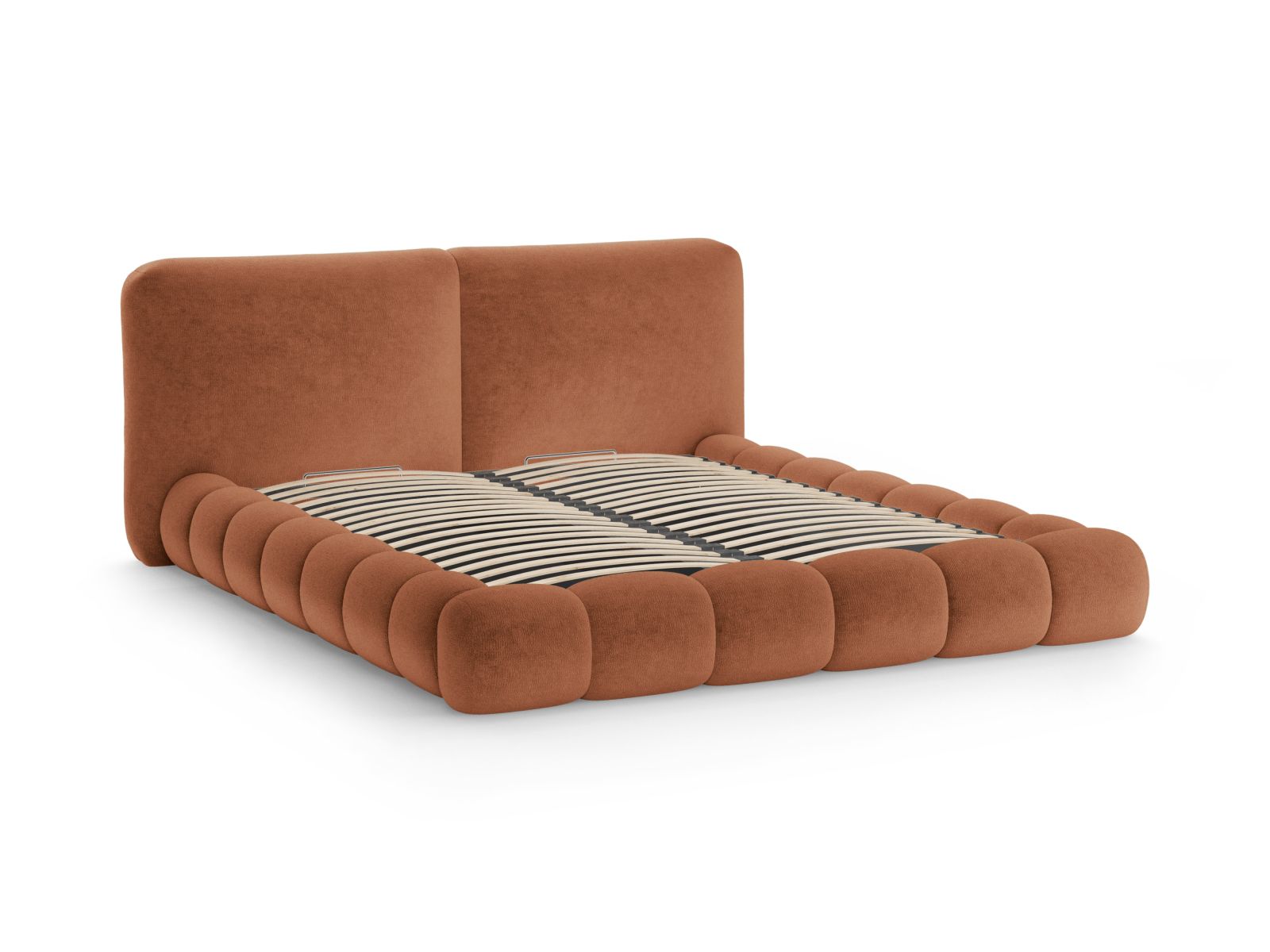 Elegantes Solange Bett in warmem Terracotta, ausgestattet mit praktischem Stauraum und einem geschmackvollen Kopfteil für Ihr Schlafzimmer.