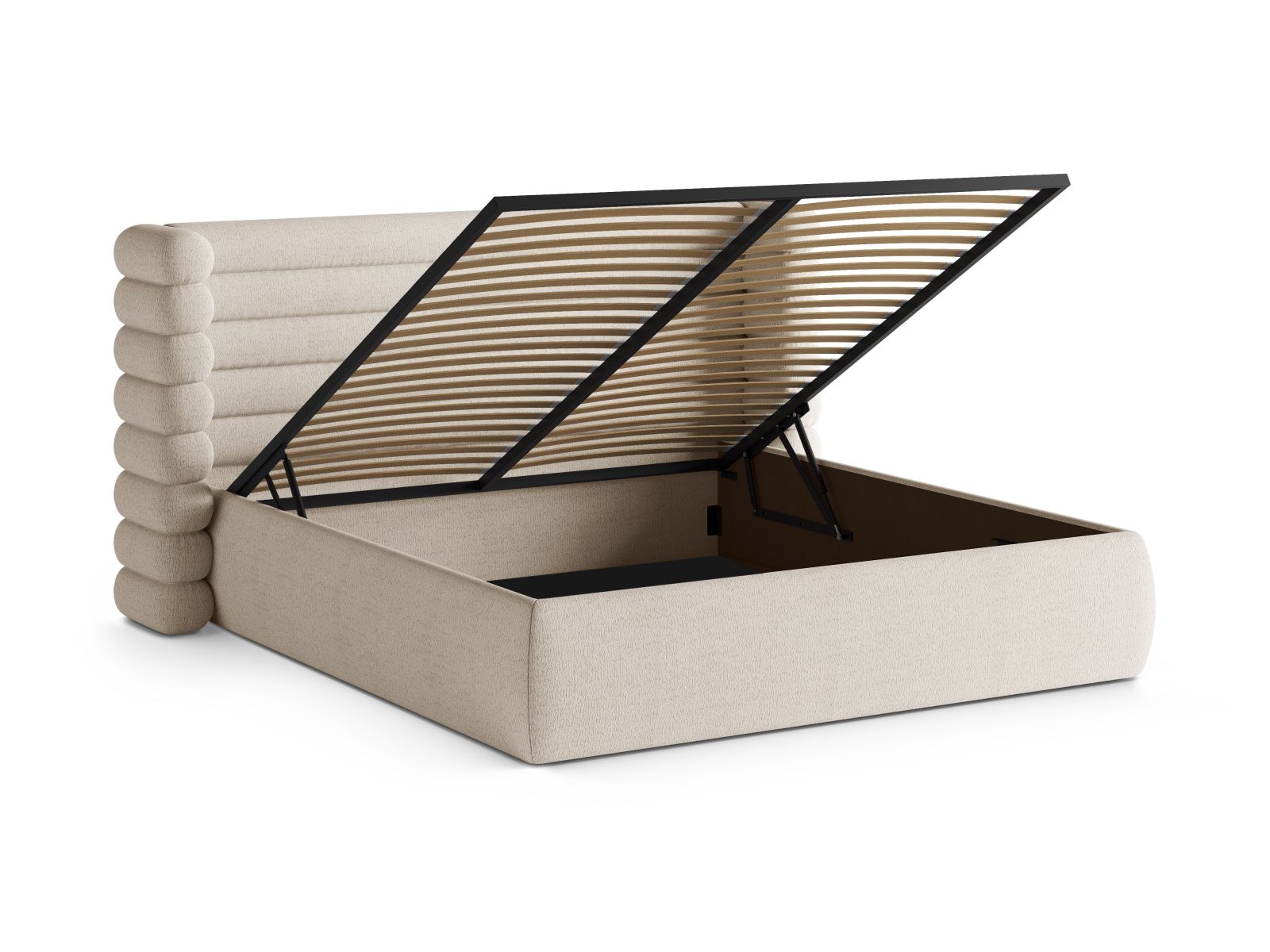 Stylisches Mount Bett in sanftem Beige, ausgestattet mit praktischem Stauraum und einem ansprechenden Kopfteil für ein modernes Schlafzimmer.