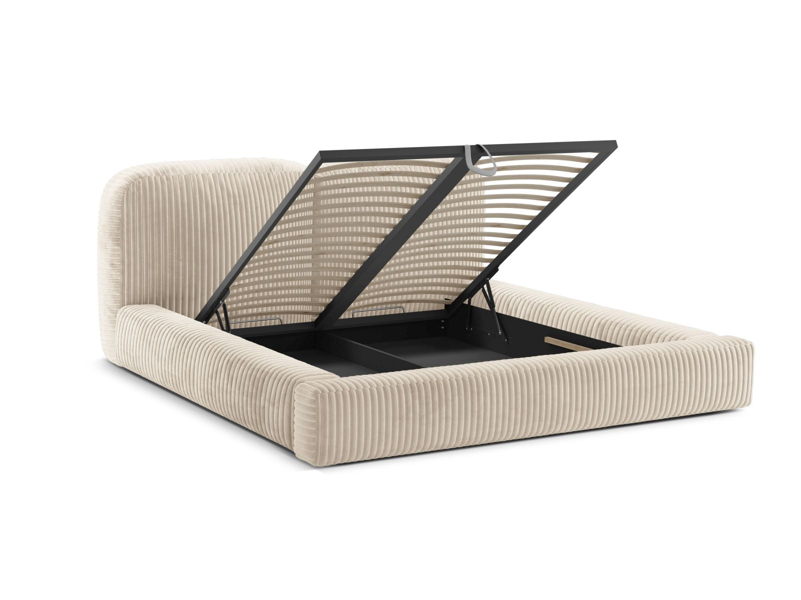 Stylisches Martina Bett in sanftem Beige, ausgestattet mit praktischem Stauraum und einem ansprechenden Kopfteil, perfekt für zeitgemäße Schlafzimmer.