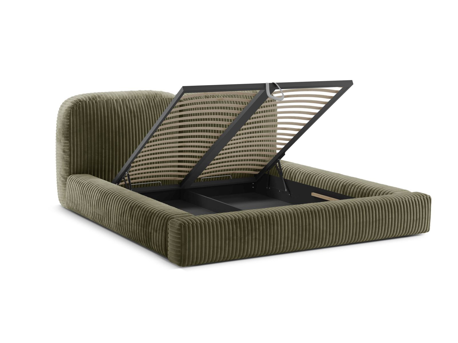 Modernes Martina Bett in sanftem Moss Green, ausgestattet mit praktischem Stauraum und einem ansprechenden Kopfteil für ein stilvolles Ambiente.