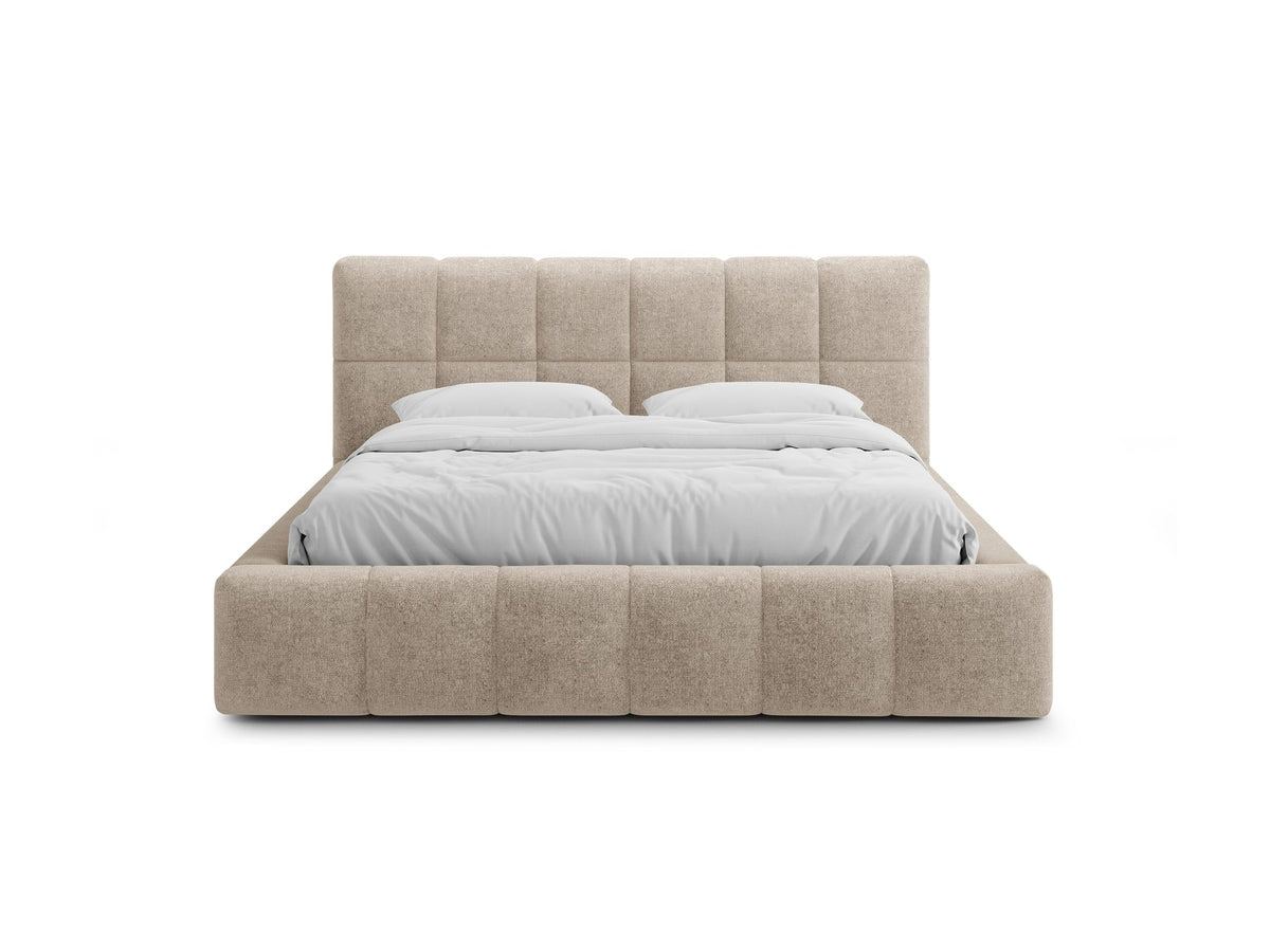 Polsterbett Bellis mit hohem Kopfteil, Bezug aus Chenille-Stoff Eden in Leichtes beige, schwarze Kunststoffbeine, Bettkasten mit Frontöffnung
