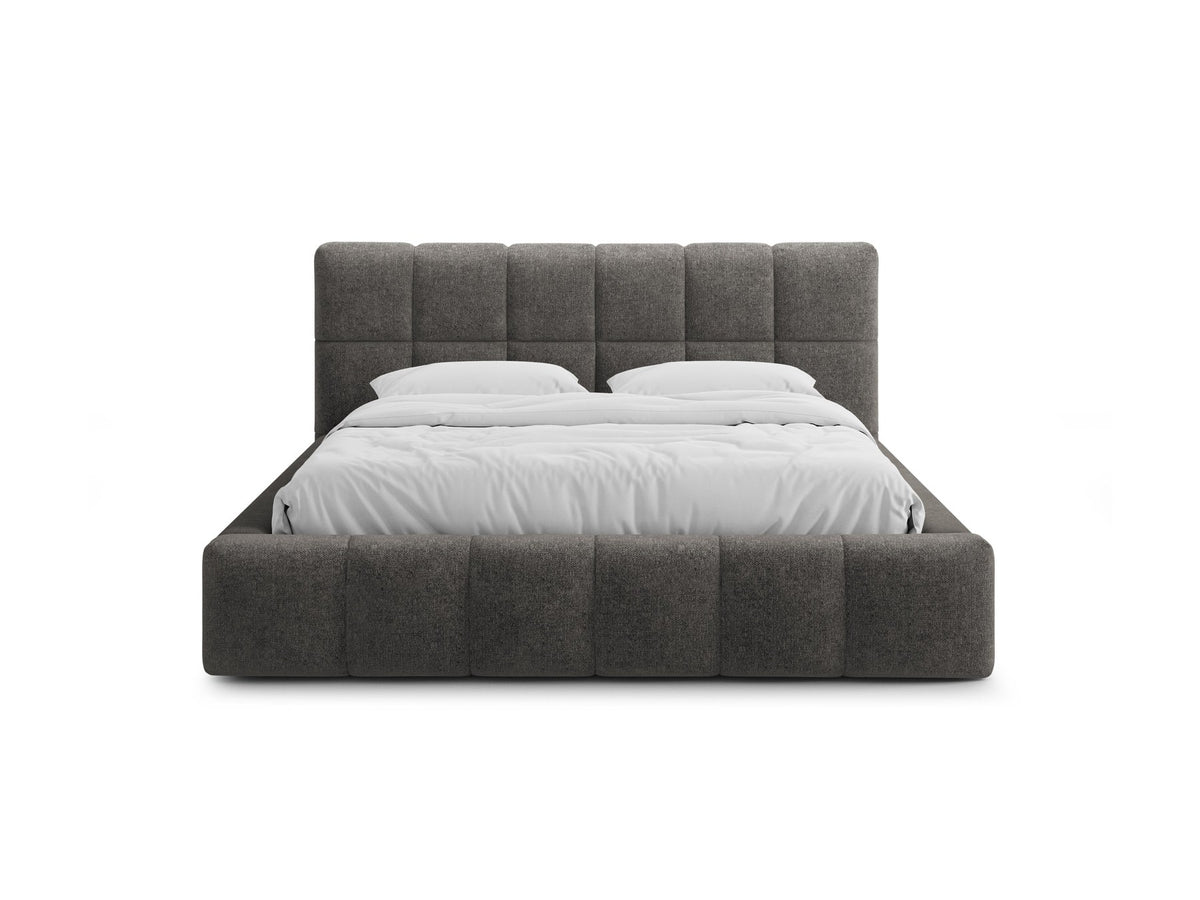 Polsterbett Bellis mit hohem Kopfteil, Bezug aus Chenille-Stoff Eden in Leichtes beige, schwarze Kunststoffbeine, Bettkasten mit Frontöffnung