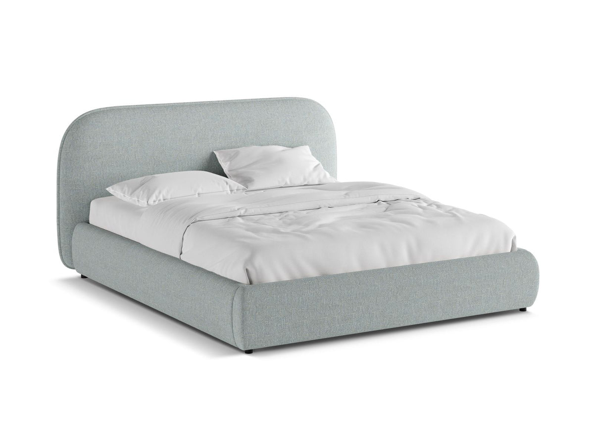 Murada Bett von Micadoni mit gepolstertem Kopfteil, Gestell aus Möbelplatte und Sperrholzlatten, schwarzen Kunststoffbeinen, Farbe Light Beige Melange-Tracy.
