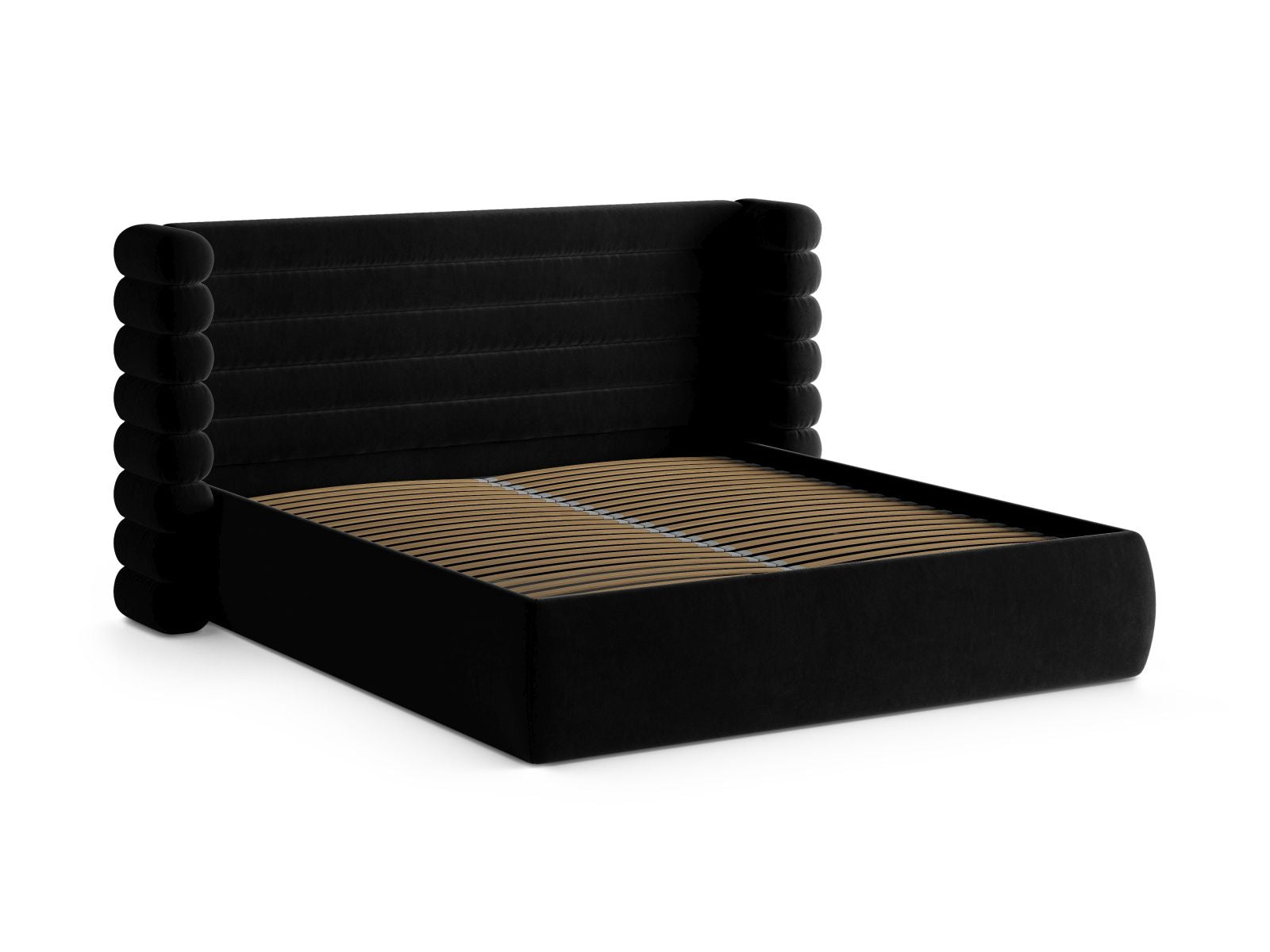 Elegantes Mount Bett mit 160 cm Breite, ausgestattet mit praktischem Stauraum und einem stilvollen Kopfteil in Black-Salvador, ideal für jedes Schlafzimmer.