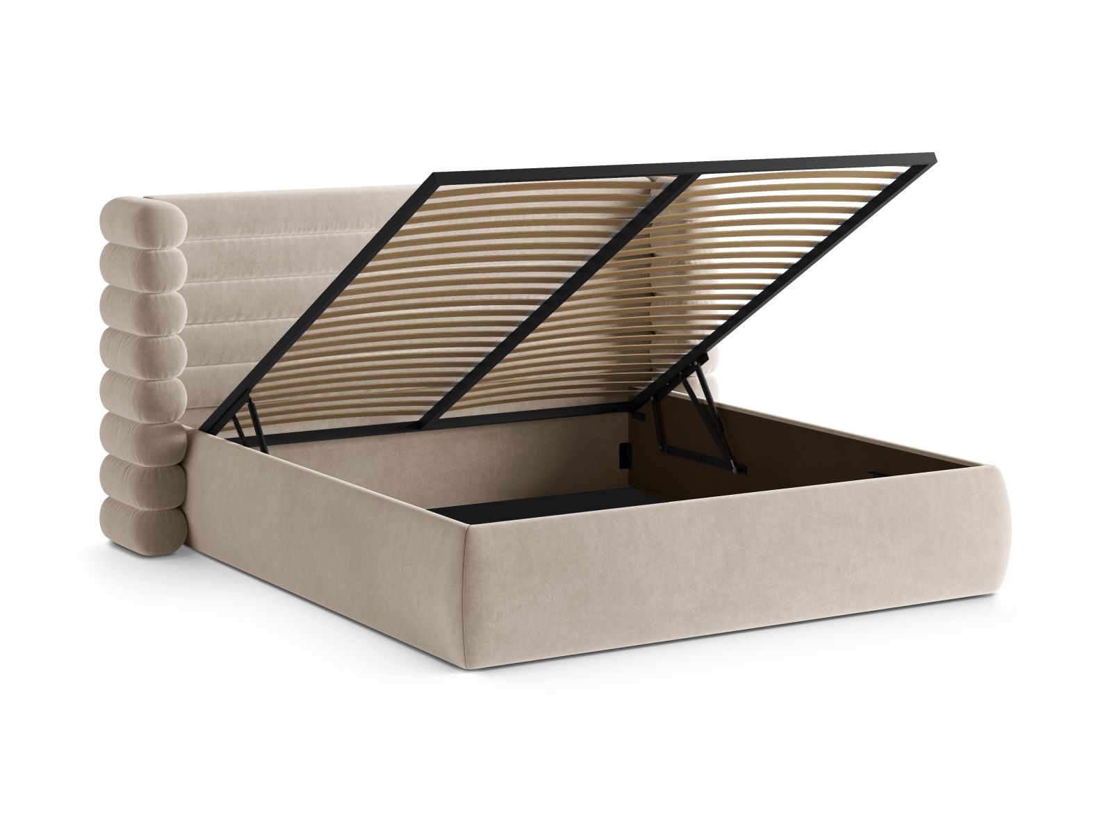 Elegantes Mount Bett von Micadoni in Beige, ausgestattet mit praktischem Stauraum und einem stilvollen Kopfteil für moderne Schlafzimmer.