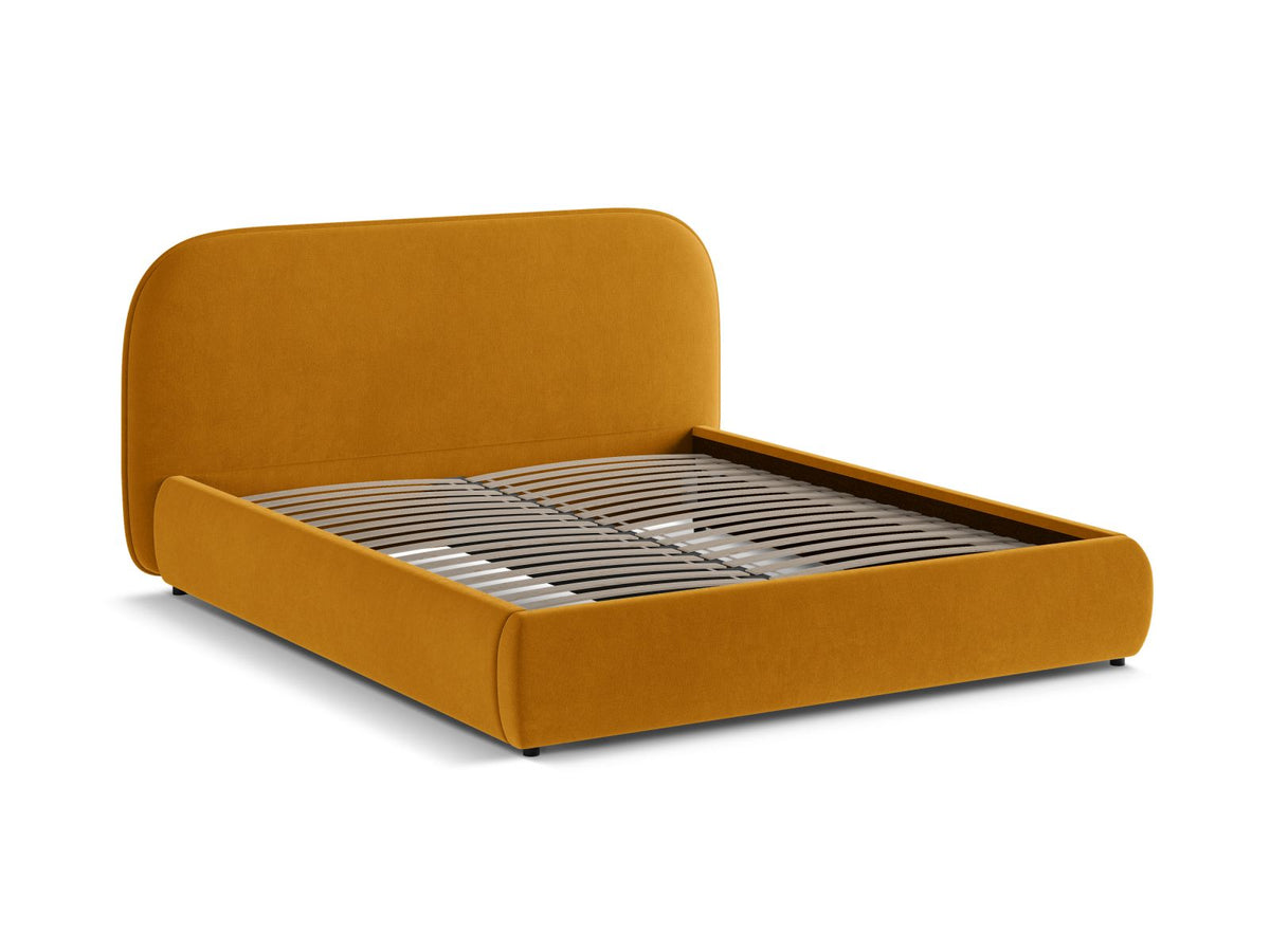 Murada Bett von Micadoni mit gepolstertem Kopfteil, Gestell aus Möbelplatte und Sperrholzlatten, schwarzen Kunststoffbeinen, Farbe Light Beige Melange-Tracy.