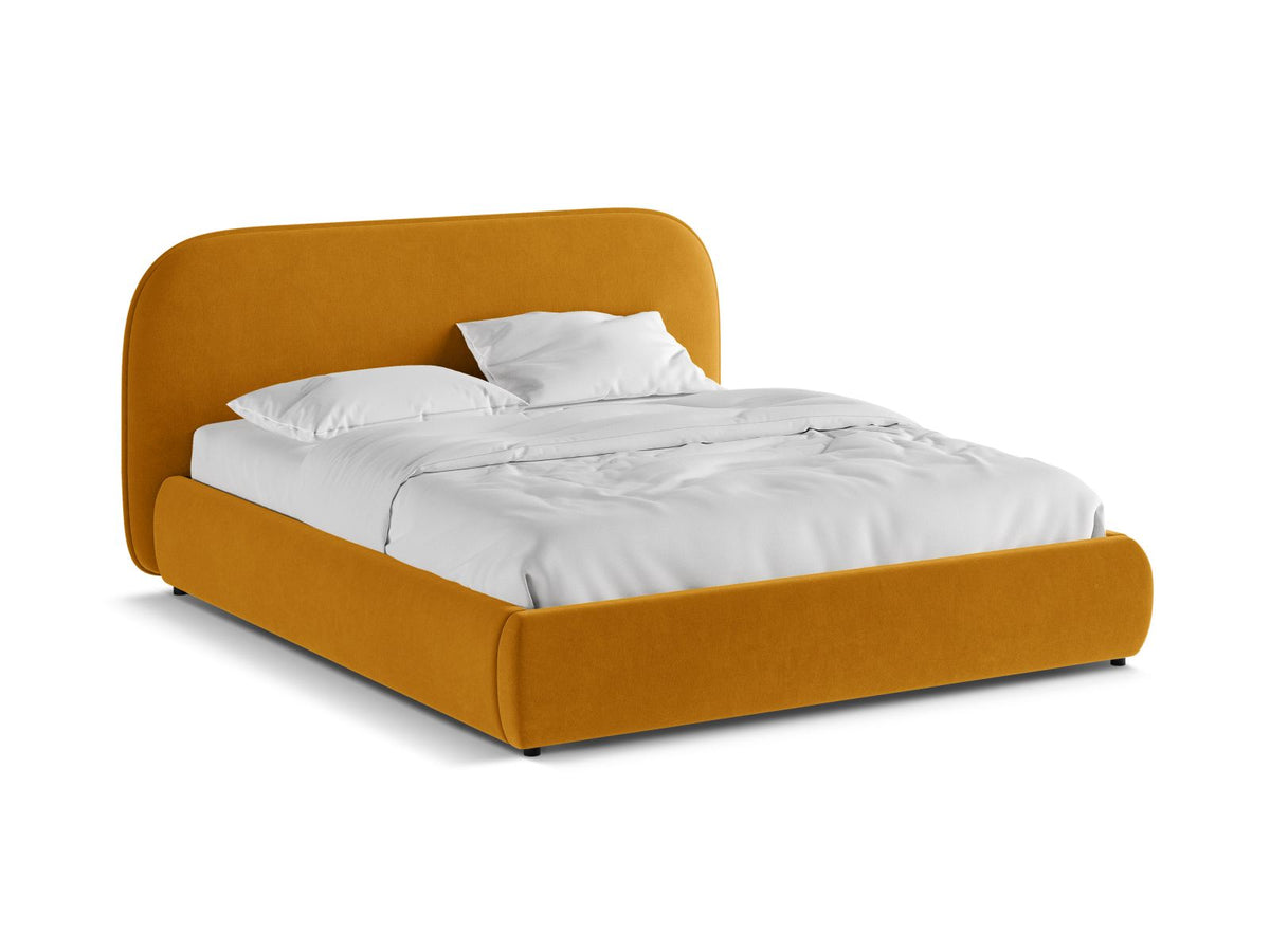 Murada Bett von Micadoni mit gepolstertem Kopfteil, Gestell aus Möbelplatte und Sperrholzlatten, schwarzen Kunststoffbeinen, Farbe Light Beige Melange-Tracy.