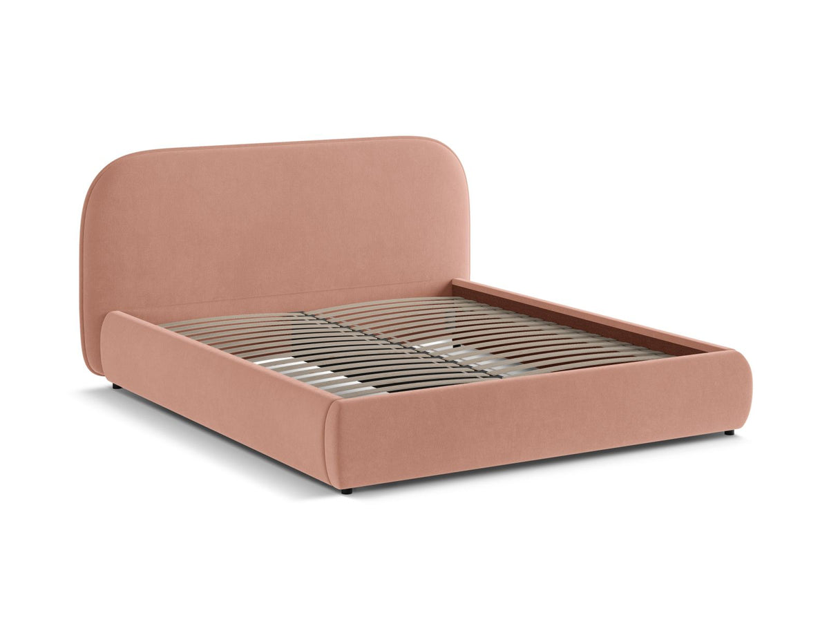 Murada Bett von Micadoni mit gepolstertem Kopfteil, Gestell aus Möbelplatte und Sperrholzlatten, schwarzen Kunststoffbeinen, Farbe Light Beige Melange-Tracy.