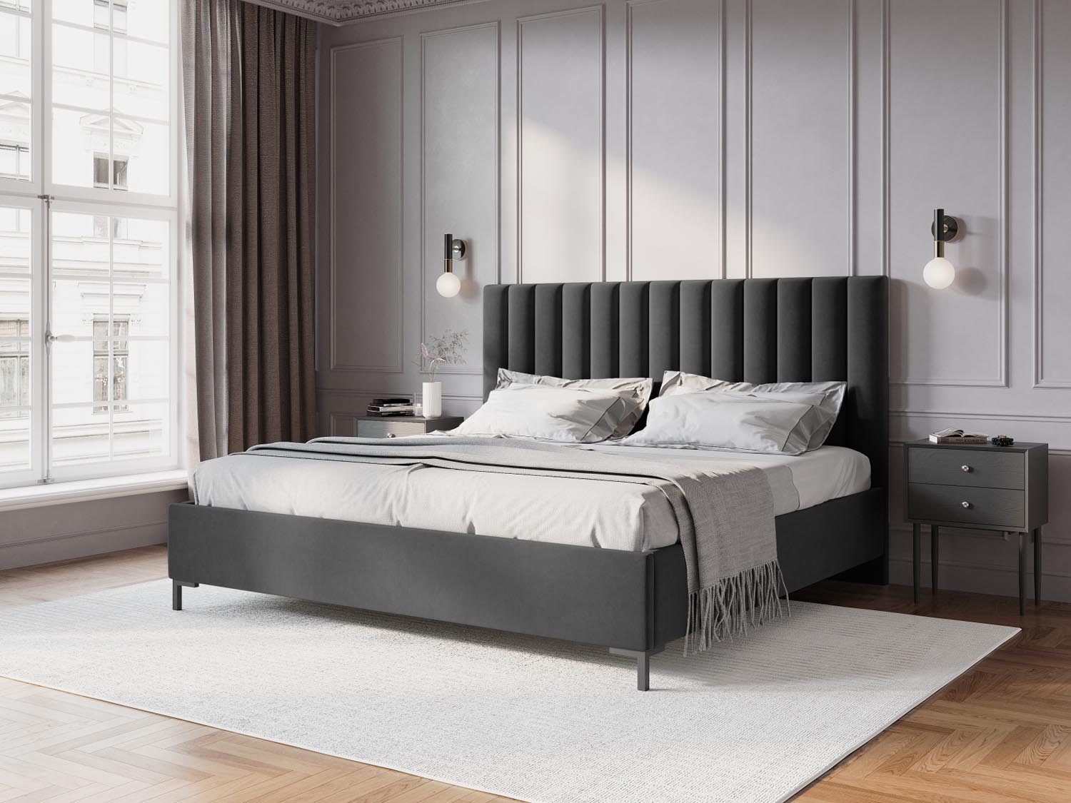 Erleben Sie das elegante Allison Velour Bett von Micadoni – perfekt für Ihr modernes Schlafzimmer, mit praktischem Stauraum und stilvollem Kopfteil.