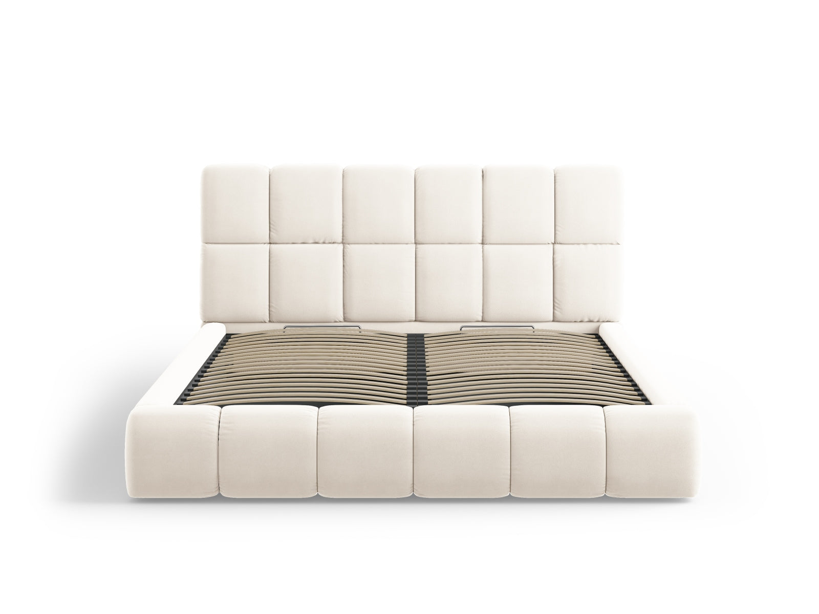 Elegantes Bellis Velour Bett in zartem Beige, ideal für stilvolle Schlafzimmer, bietet zusätzlichen Stauraum und ein ansprechendes Kopfteil.