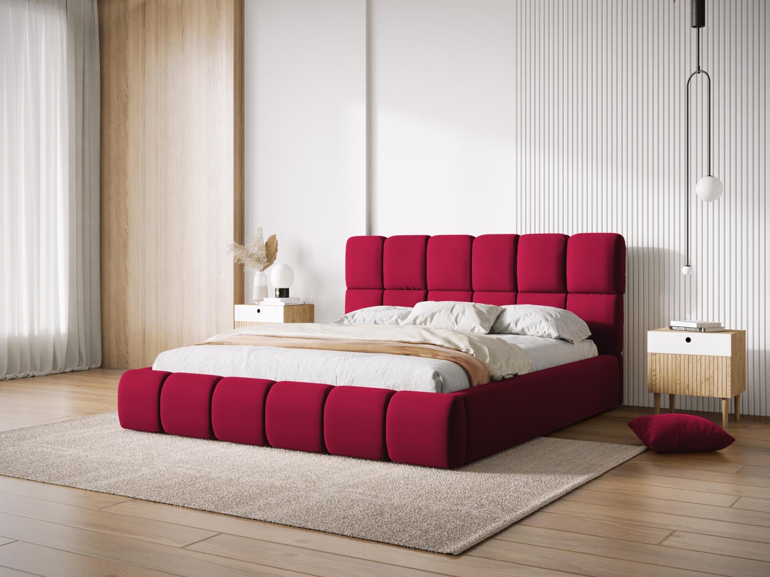 Entdecken Sie das stilvolle Bellis Velour Bett von Micadoni mit praktischem Stauraum und elegantem Headboard – ideal für Ihr Schlafzimmer!
