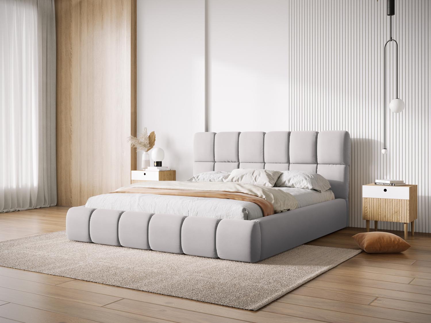 Elegantes Bellis Velour Bett in Silver-Bluvel mit praktischem Stauraum und stilvollem Headboard, ideal für moderne Schlafzimmer.
