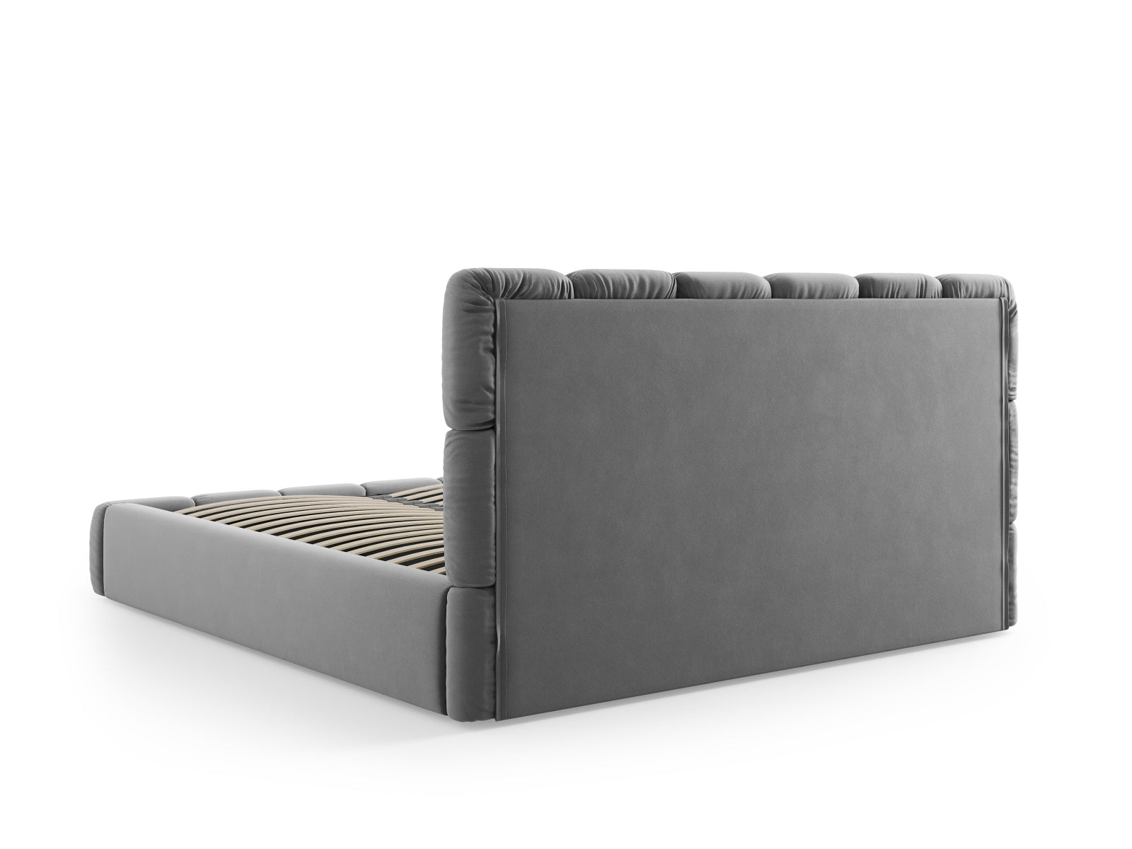 Stylisches Bellis Velour Bett in Grau-Blau, ideal für moderne Schlafzimmer, bietet zusätzlichen Stauraum und ein ansprechendes Kopfteil.