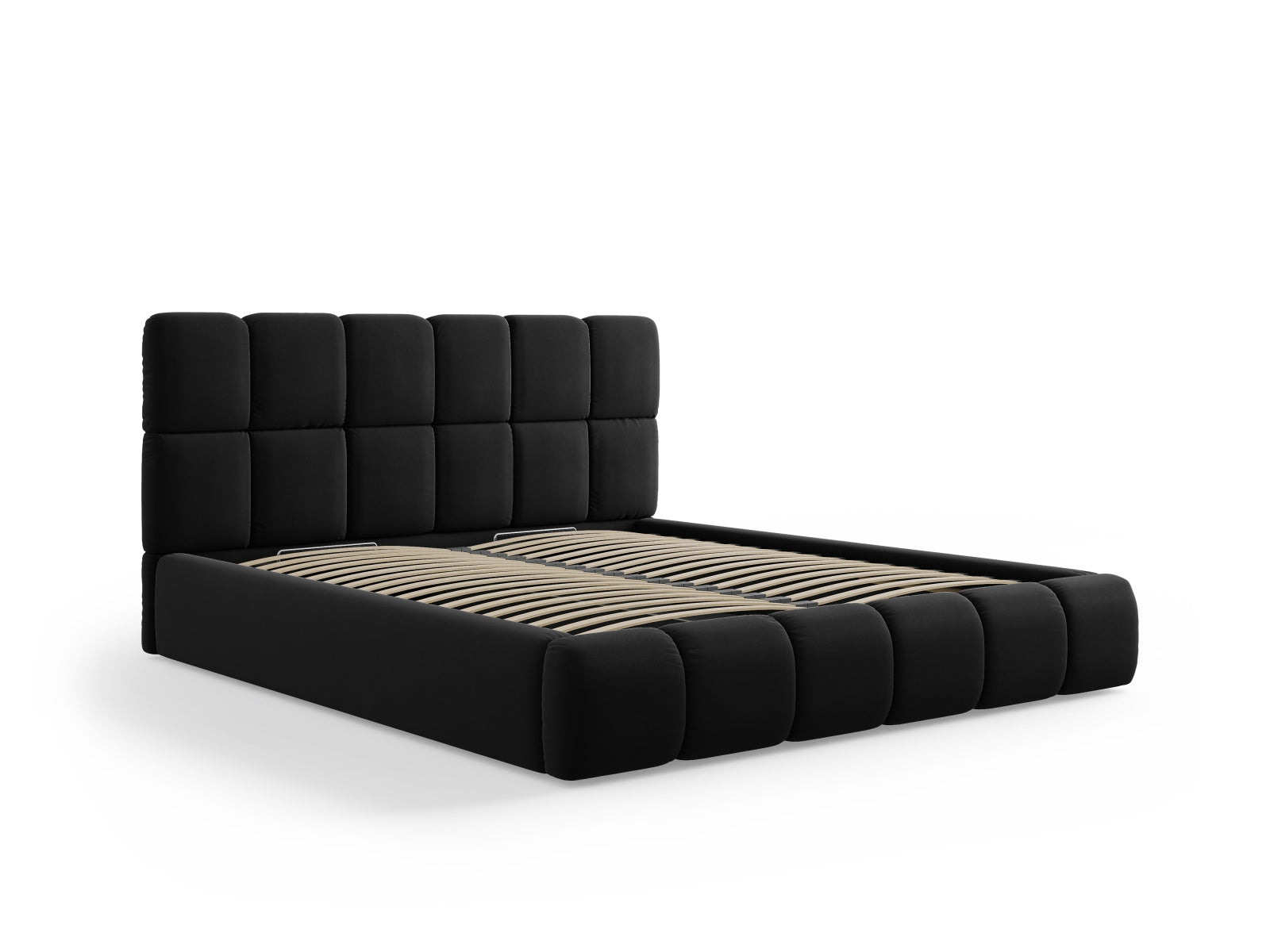 Schickes Bellis Velour Bett in edlem Schwarz, ausgestattet mit Stauraum und einem ansprechenden Kopfteil für zeitgemäße Schlafzimmer.