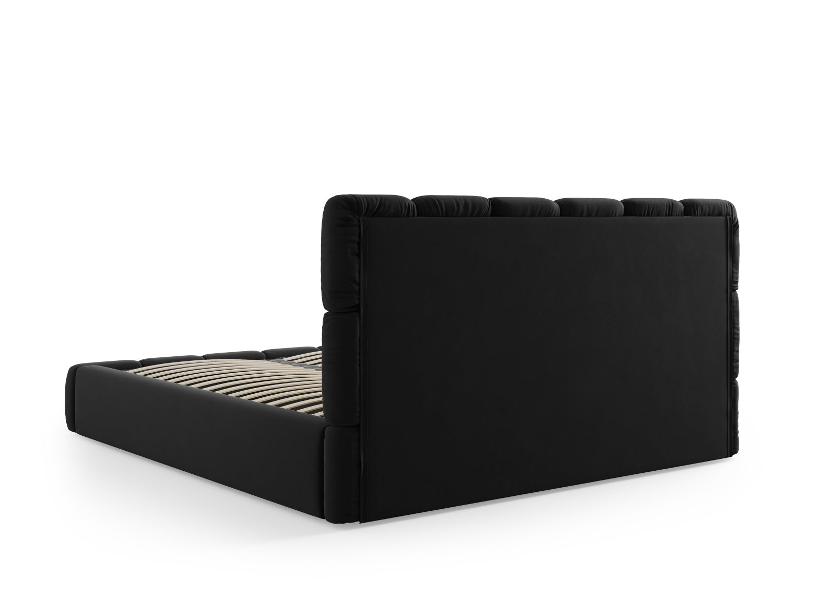 Schickes Bellis Velour Bett in edlem Schwarz, ausgestattet mit praktischem Stauraum und einem ansprechenden Kopfteil für stilvolle Schlafzimmer.