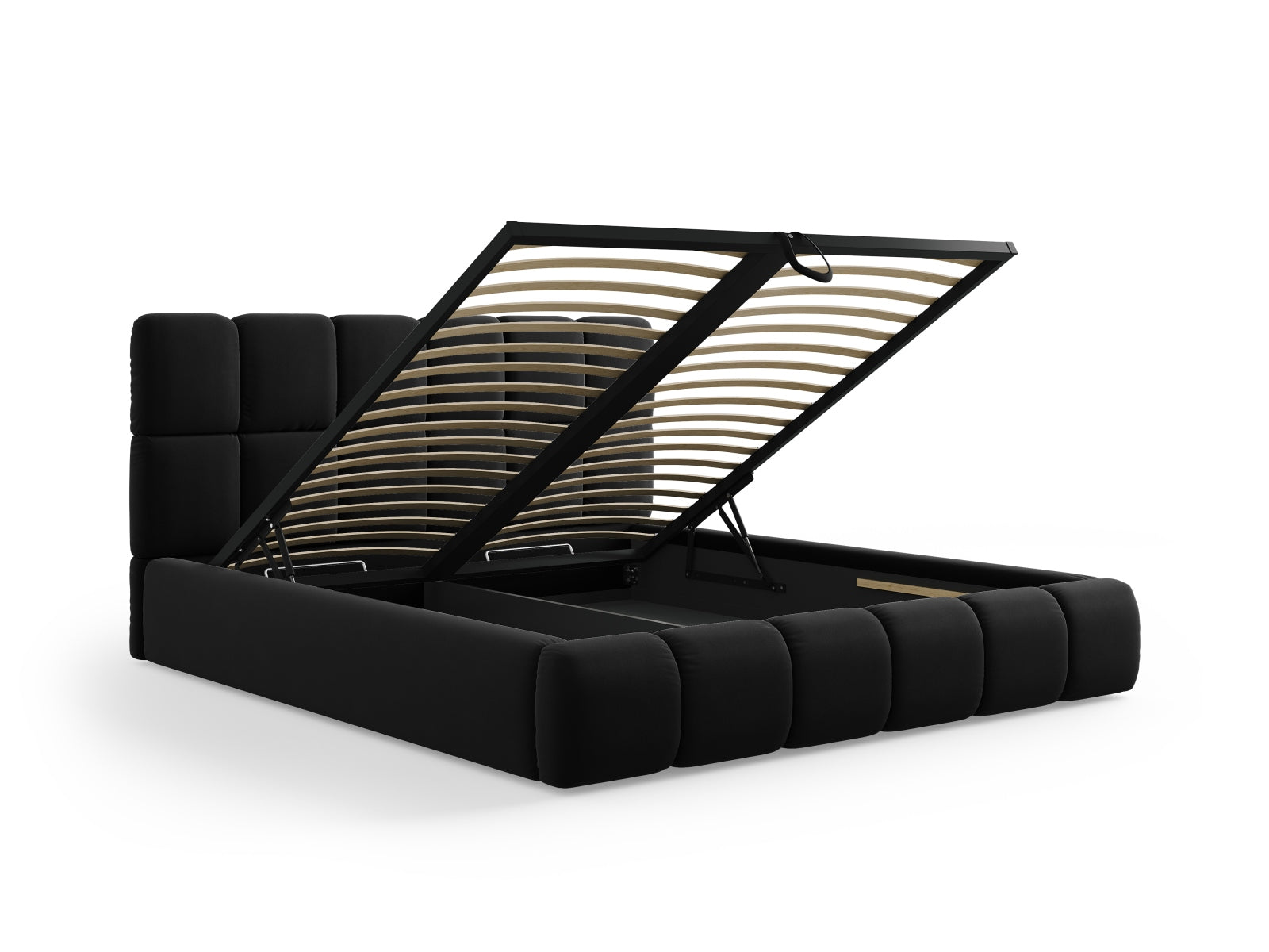 Elegantes Bellis Velour Bett in Schwarz mit integriertem Stauraum und modernem Kopfteil, ideal für ein stilvolles Schlafzimmer.