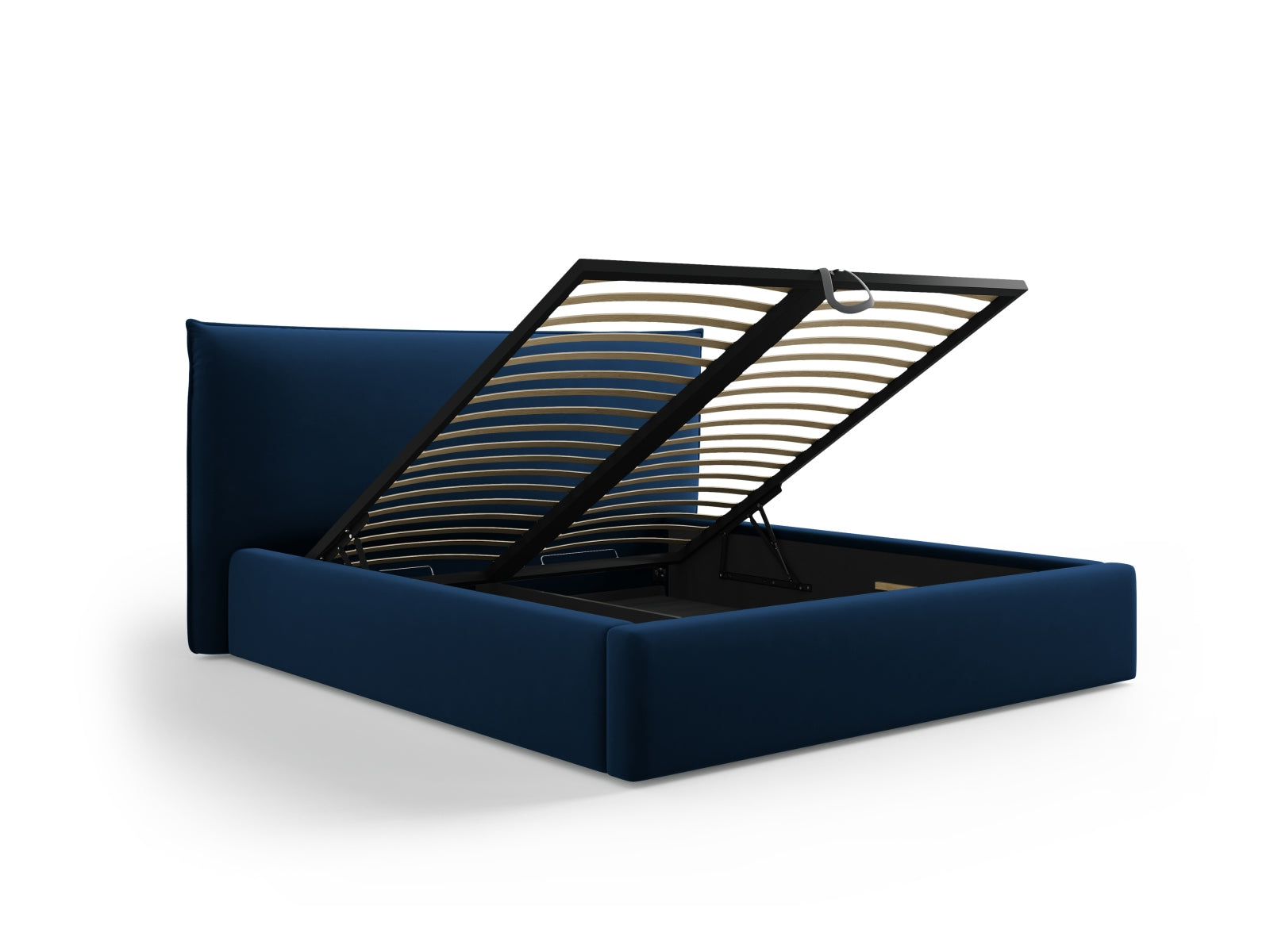 Elegantes Kaelle Velour Bett in Royal Blue, 160 cm, mit integriertem Stauraum und modernem Kopfteil für ein stilvolles Ambiente.