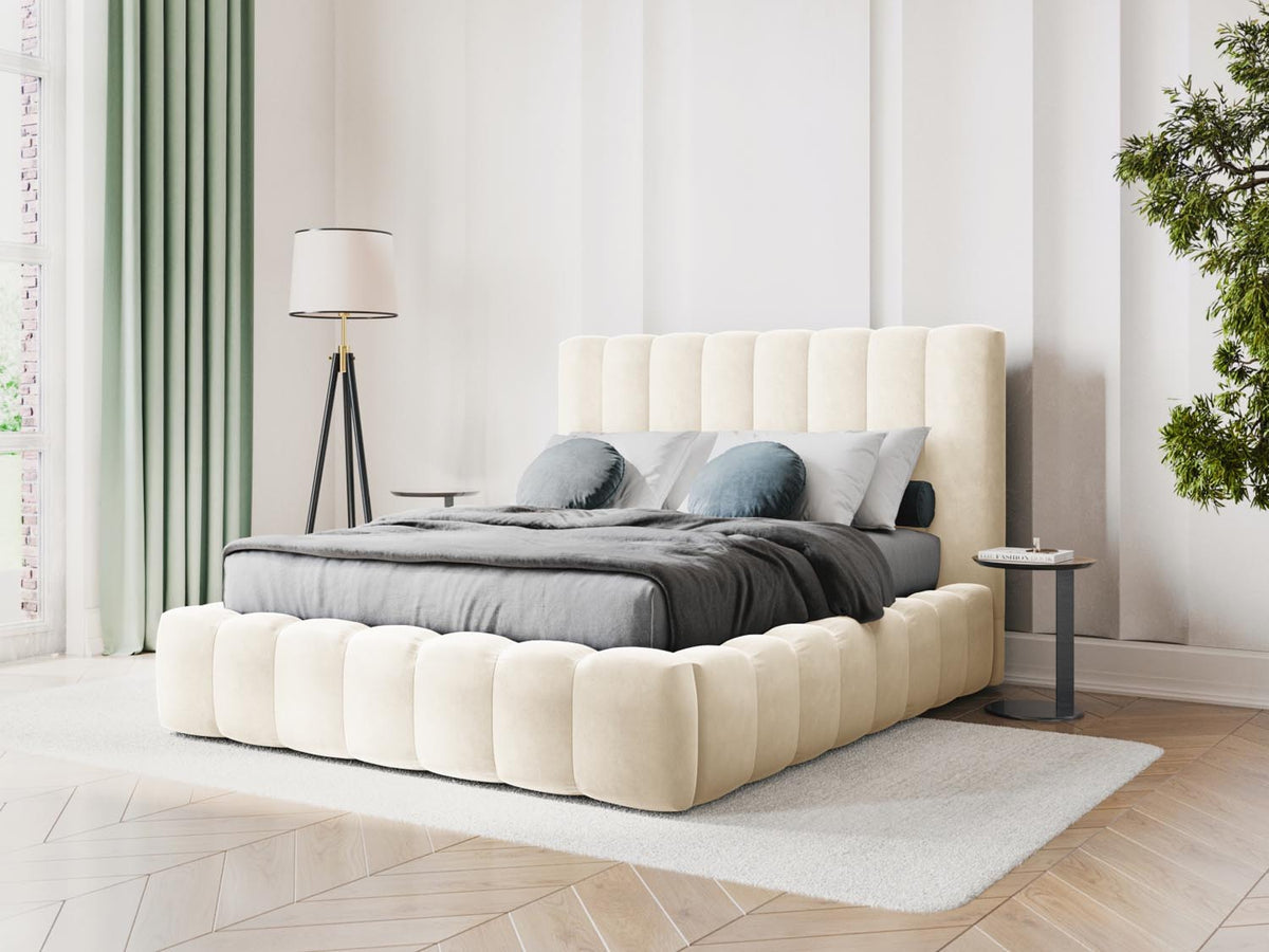 Kelp Bett mit Stauraum und Headboard 160cm in Light Beige-Bluvel präsentiert im Onlineshop von KAQTU Design AG. Bett ist von Micadoni