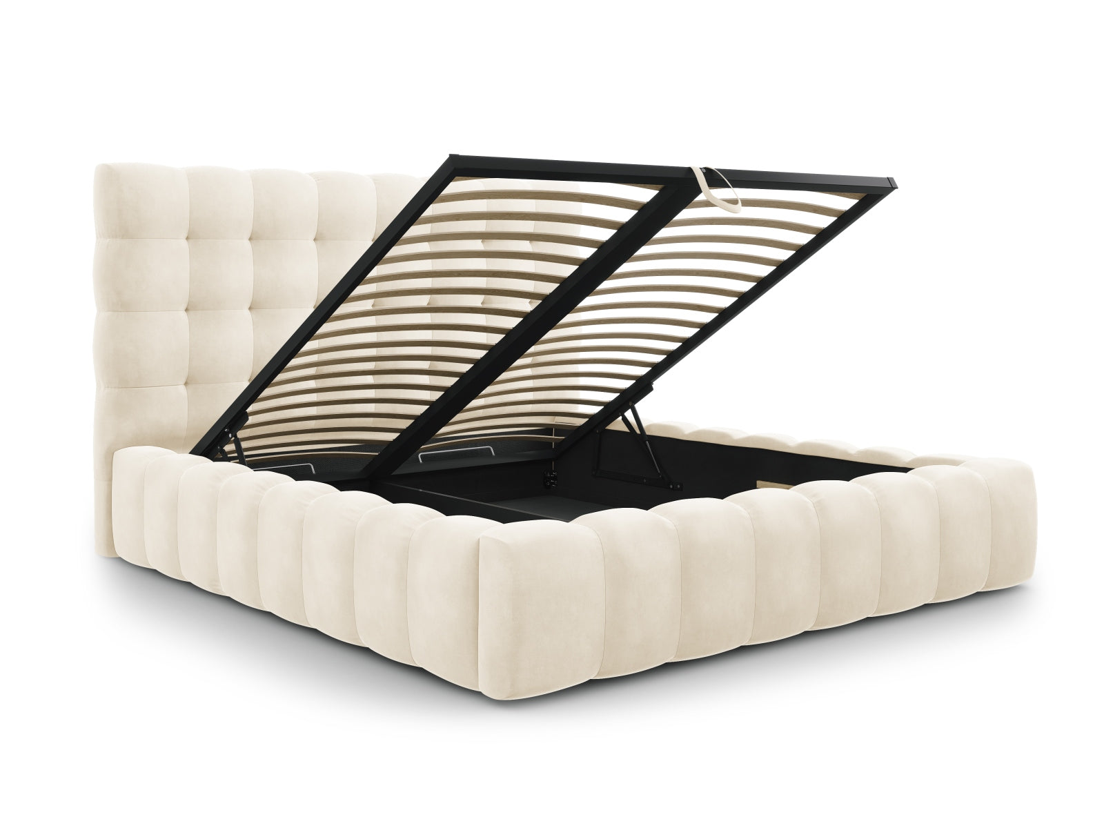 Erleben Sie das Mamaia Velour Bett von Micadoni: stilvolles Design, praktischer Stauraum und ein gemütliches Headboard für Ihr Schlafzimmer!