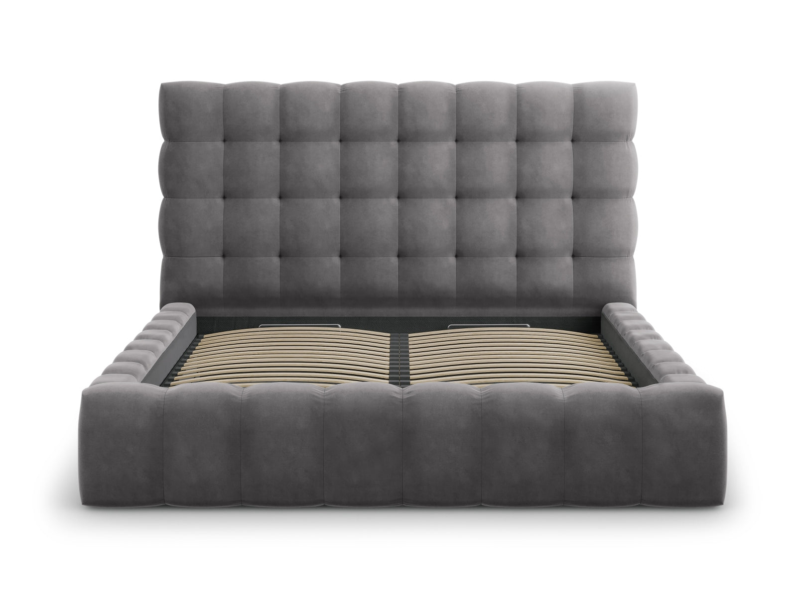 Entdecken Sie das elegante Mamaia Velour Bett von Micadoni, das mit luxuriösem Stoff, praktischem Stauraum und einem komfortablen Headboard Ihr Schlafzimmer stilvoll ergänzt!