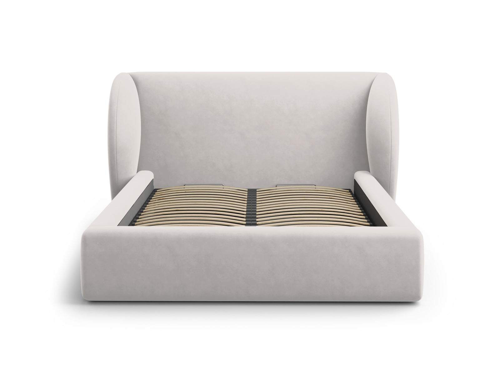 Stylisches Miley Velour Bett in Silver-Bluvel, ausgestattet mit praktischem Stauraum und einem eleganten Kopfteil für zeitgemäße Schlafzimmer.