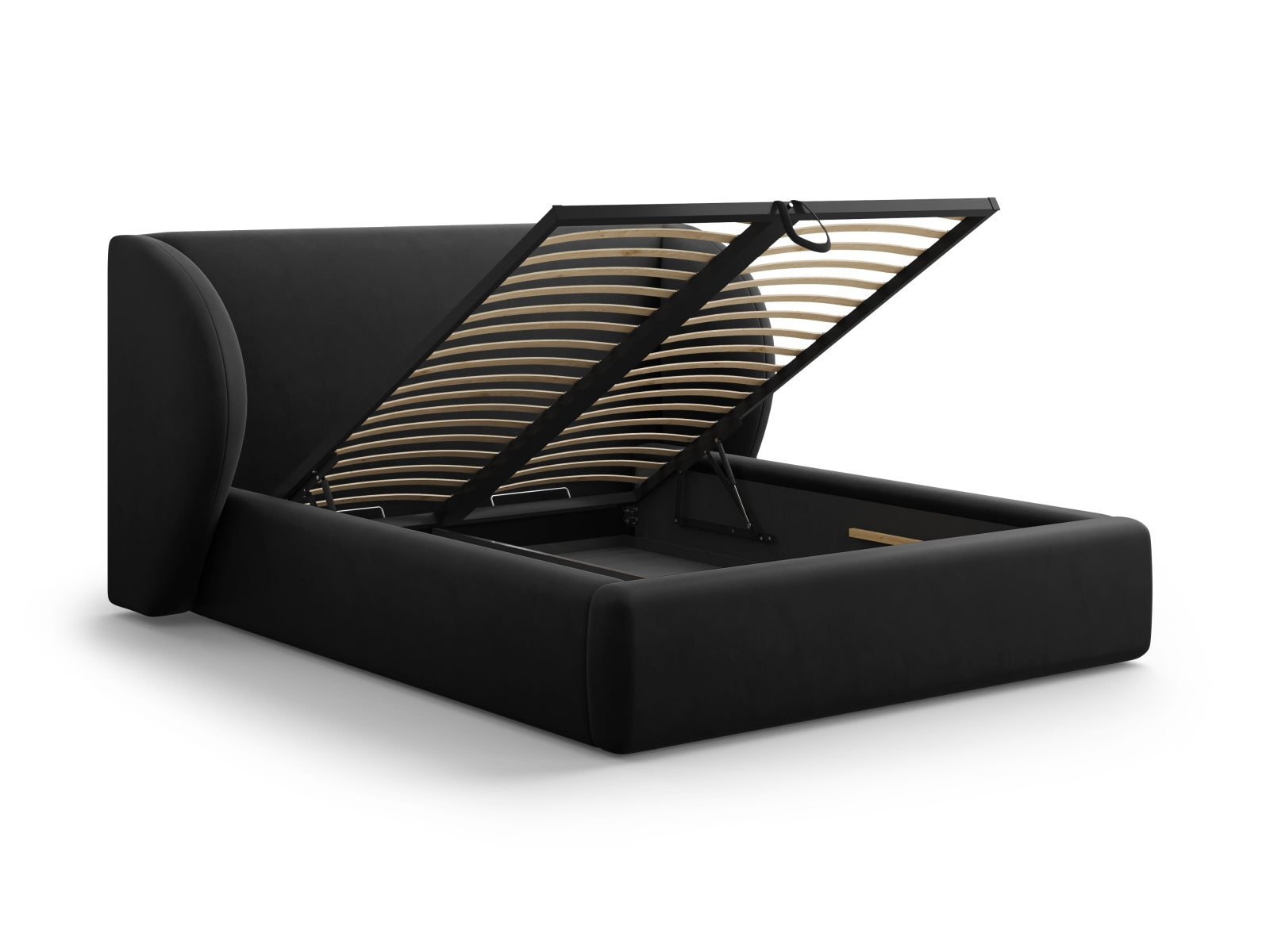 Elegantes Miley Velour Bett in Schwarz, 160 cm breit, mit praktischem Stauraum und stilvollem Kopfteil für moderne Schlafzimmer.