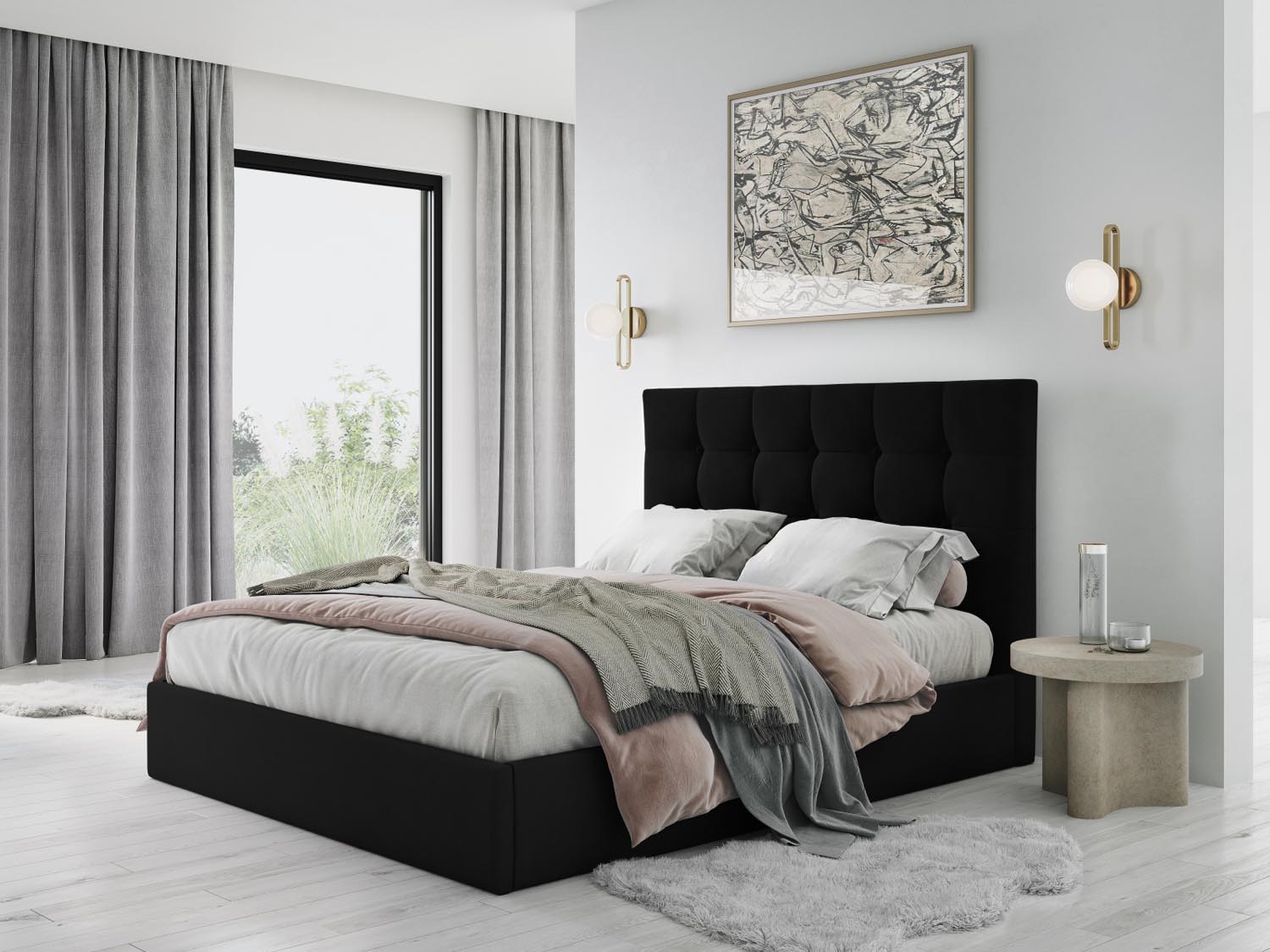 Erleben Sie das elegante Phaedra Velour Bett von Micadoni – perfekt für Ihr modernes Schlafzimmer, ausgestattet mit praktischem Stauraum und einem komfortablen Headboard.