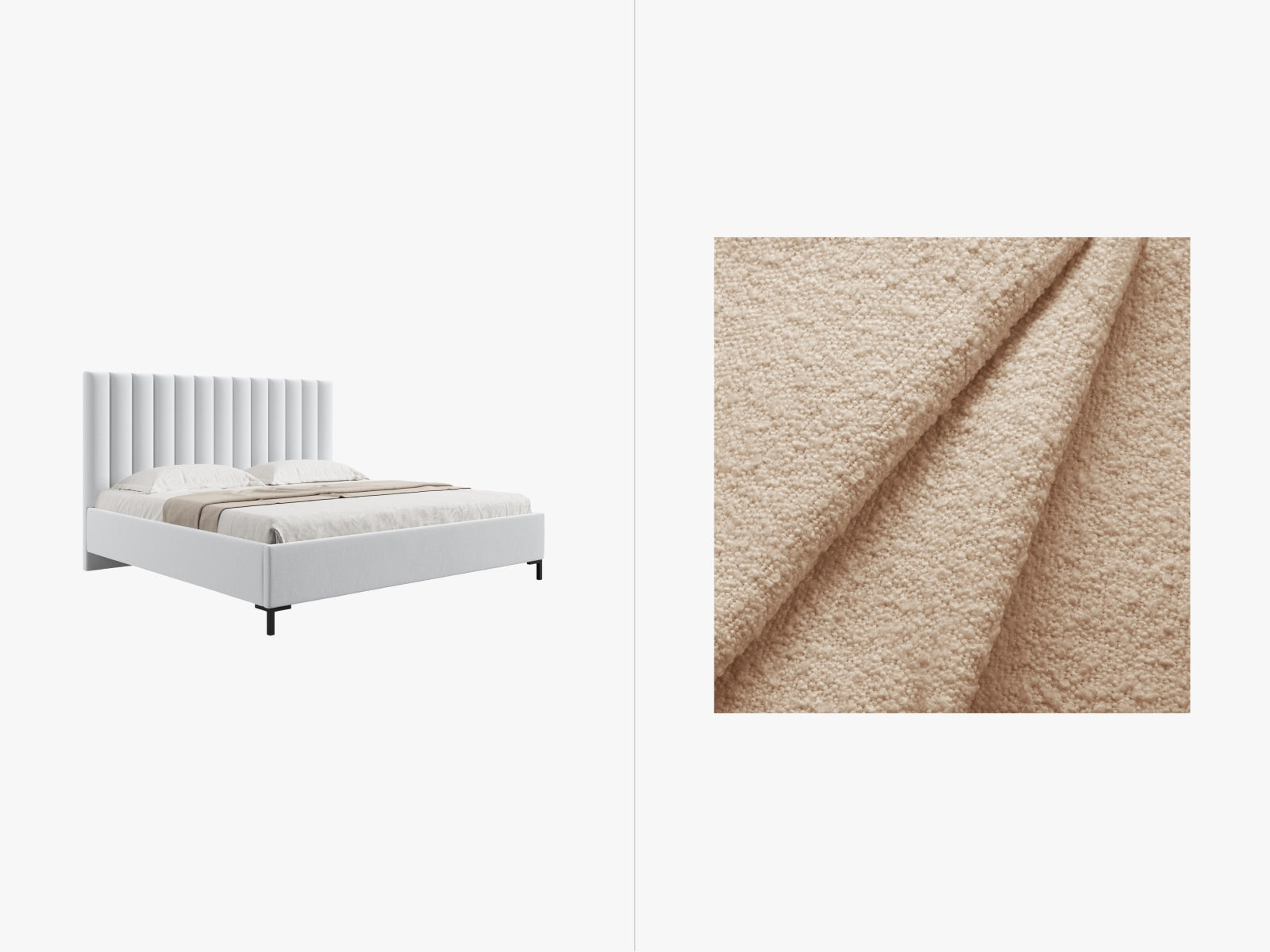Entdecken Sie das stilvolle Allison Boucle Bett von Micadoni – ideal für Ihr modernes Schlafzimmer, mit praktischem Stauraum und elegantem Kopfteil.