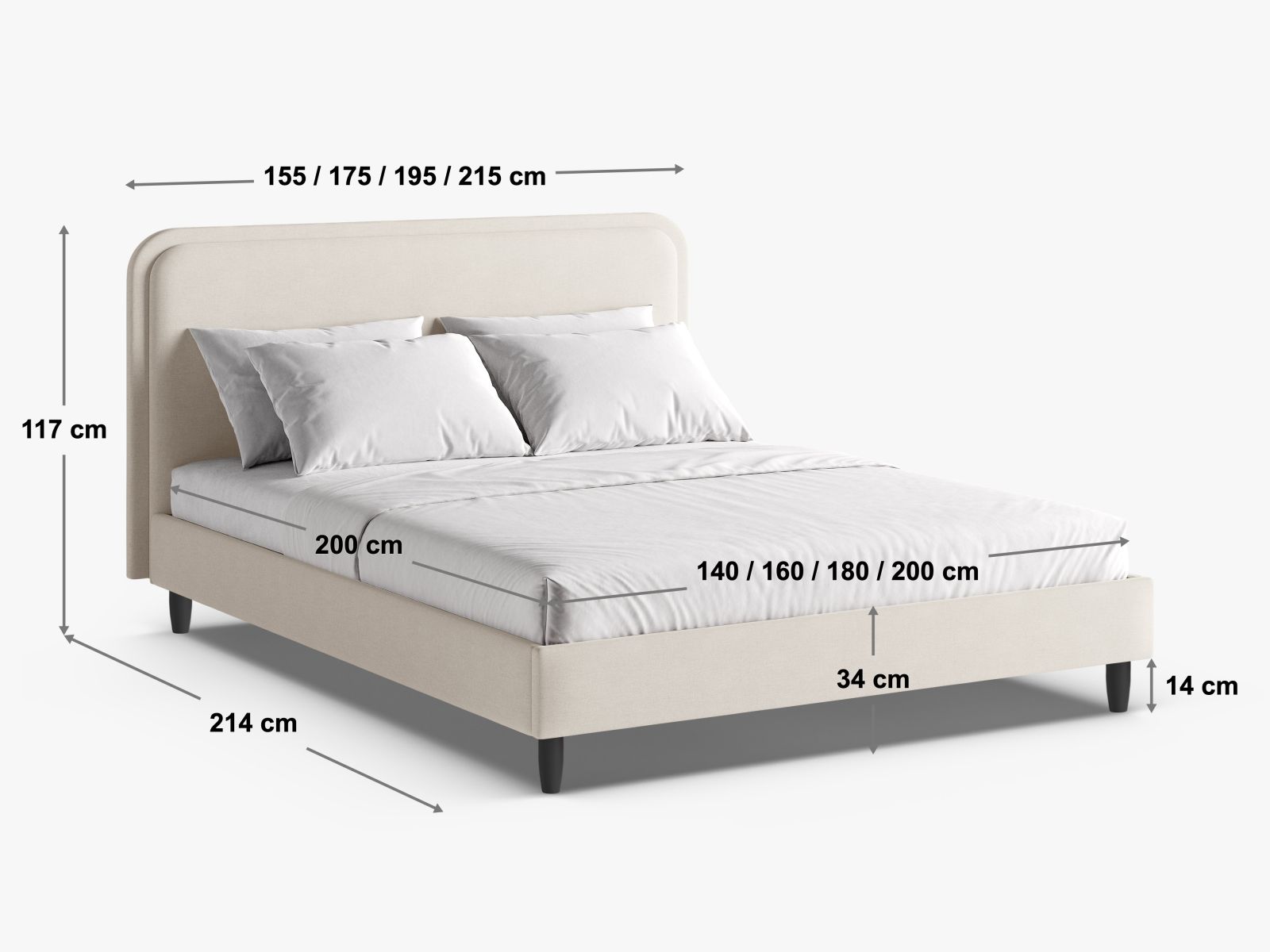 Stilvolles Aveline Bett mit 180 cm hohem Kopfteil in sanftem Beige, perfekt für ein modernes und elegantes Schlafzimmer von Micadoni.
