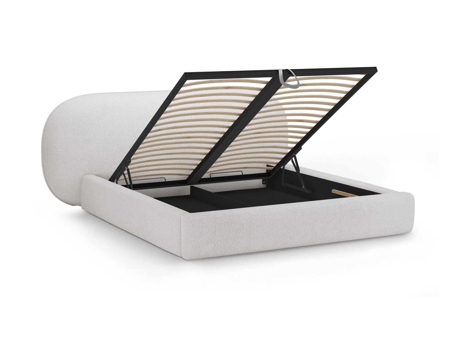 Elegantes Ovalo Bett mit 180 cm Kopfteil und praktischem Stauraum in sanftem Grau, ideal für stilvolle Schlafzimmerlösungen.