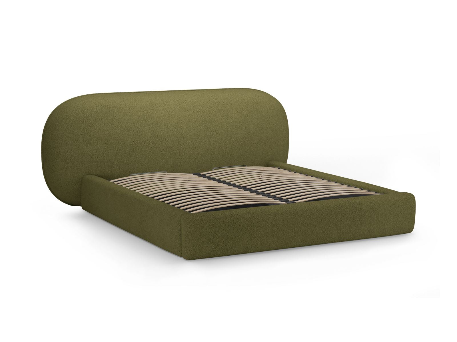 Modernes Ovalo Bett in Dunkelolivgrün mit 180 cm hohem Kopfteil und integriertem Stauraum, perfekt für funktionale und stilvolle Schlafräume.