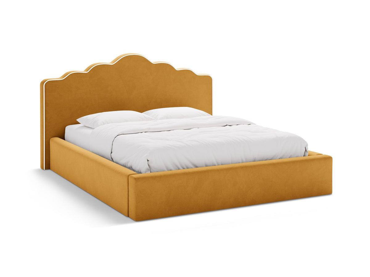 Samtbett Dream in Elfenbein mit gepolstertem Kopfteil, Bettkasten mit Gaslift-Öffnung und niedrigen Beinen aus Polypropylen.