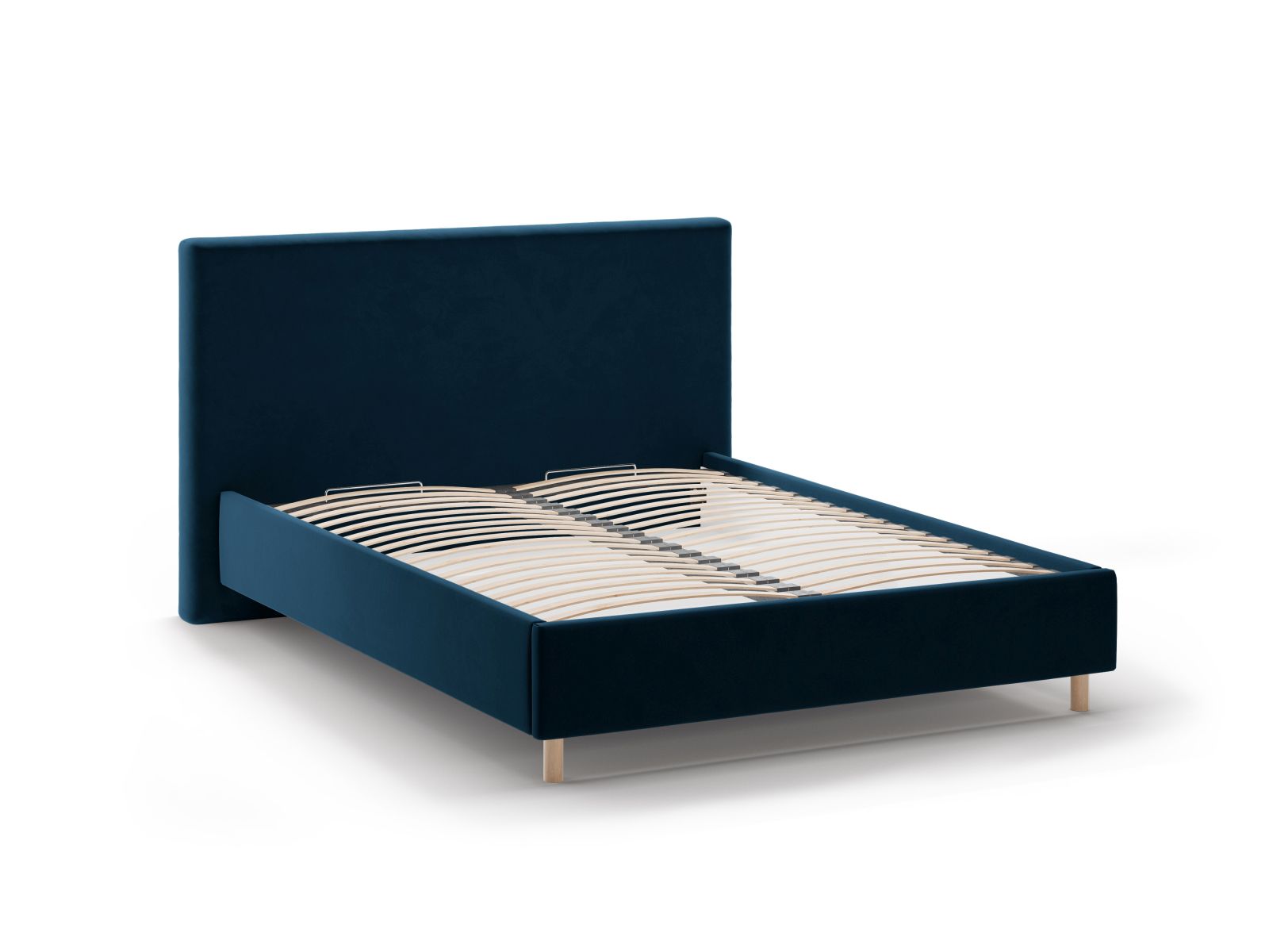 Elegantes Eloise Bett in Navy Blue mit Kopfteil und integriertem Stauraum, ideal für moderne Schlafzimmergestaltung.