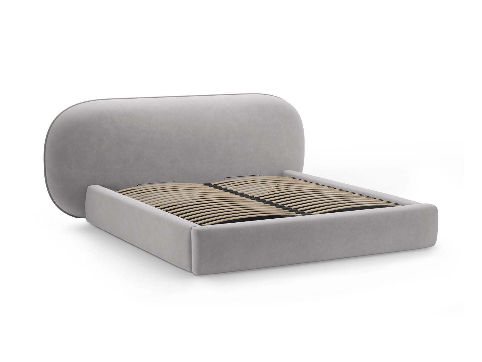 Modernes Ovalo Bett mit 180 cm hohem Kopfteil und integriertem Stauraum in Light Grey-Magic Velvet, perfekt für funktionale Schlafzimmer.