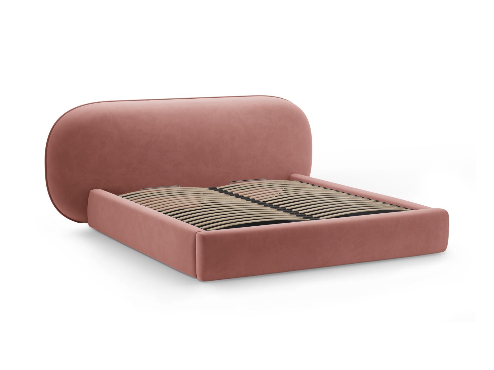 Stylisches Ovalo Bett in Pink-Magic Velvet, ausgestattet mit praktischem Stauraum und einem ansprechenden Kopfteil für zeitgemäße Schlafzimmer.